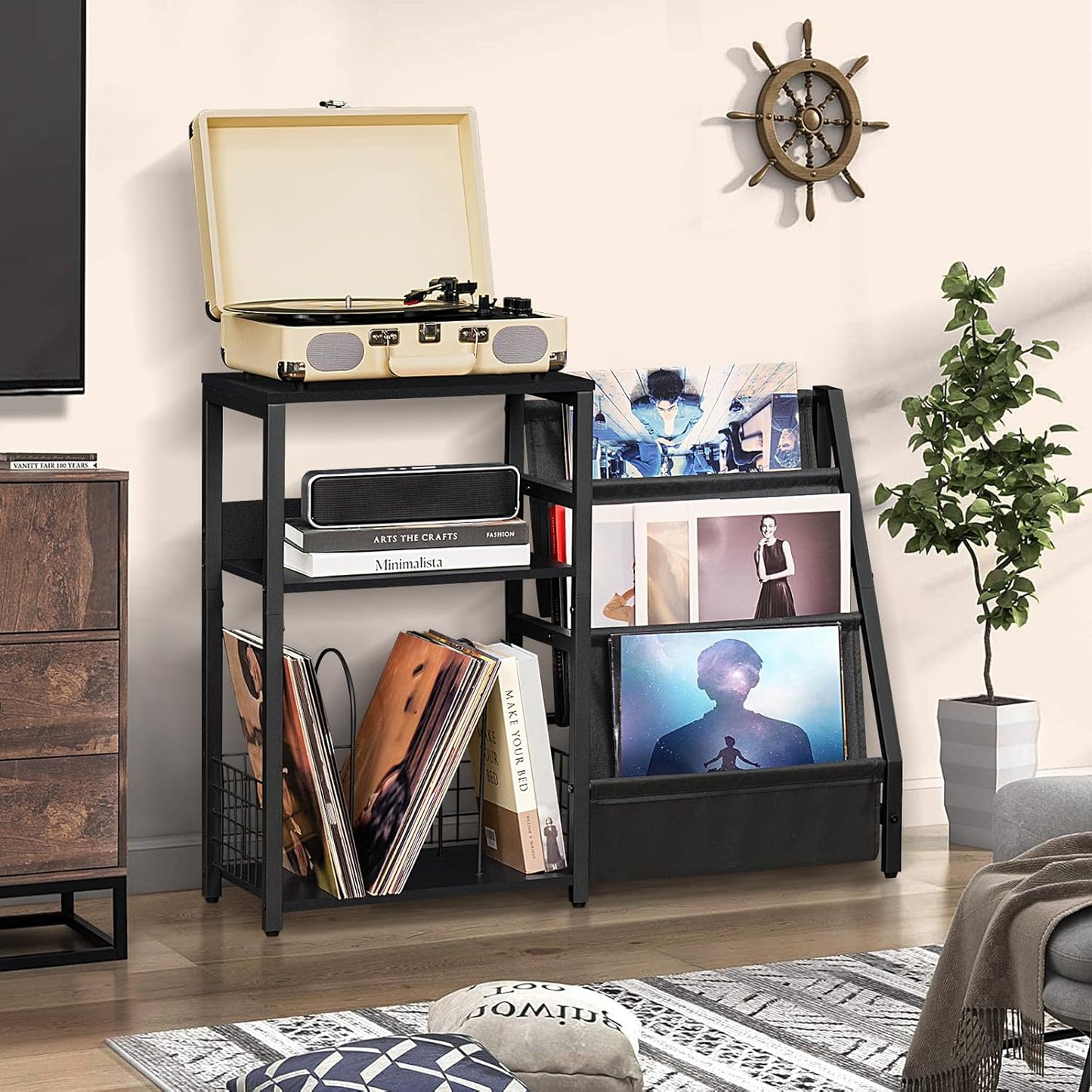 LELELINKY Black End Table,Record Player Stand with Vinyl Storage,3 Tier Side Table with Display Shelf Storage Up to 150 Albums,Industrial Large Record Holder Cabinet for Living Room