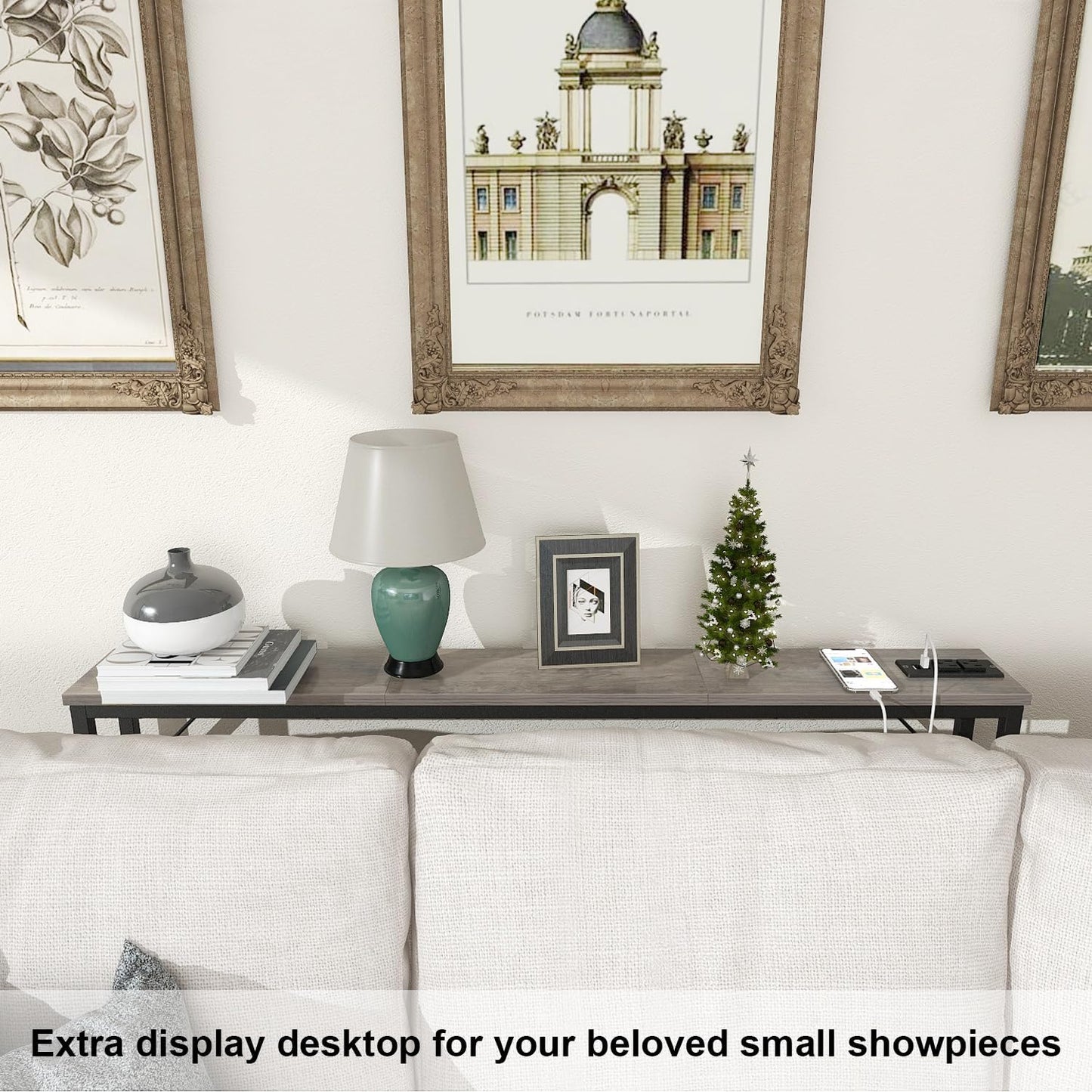 Tohomeor 5.9" Skinny Behind Sofa Console Table with Charging Station 47.2" Narrow Long Behind Couch Table with Power Outlets USB Ports Thin Entry Table for Entryway Living Room Hallway Retro Grey