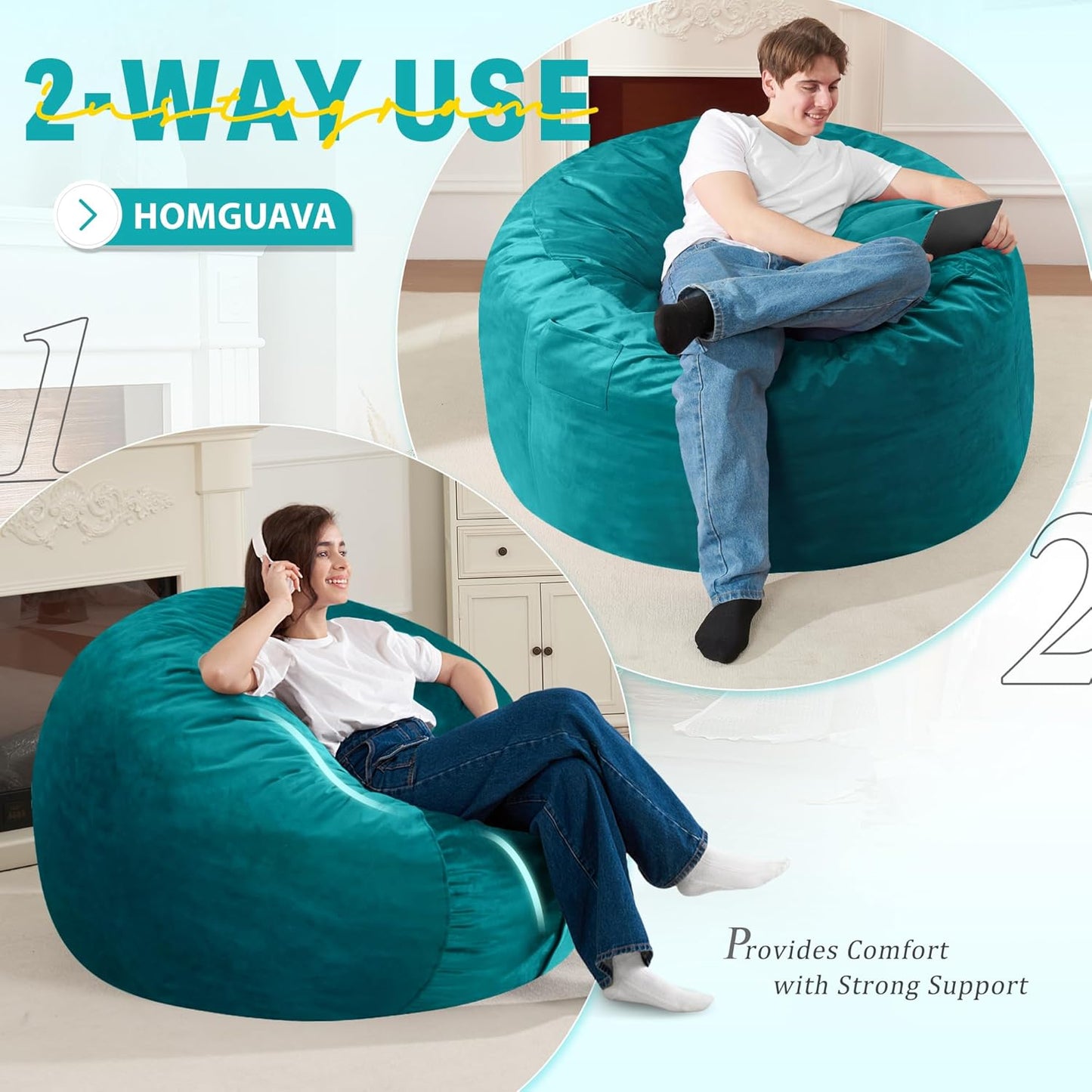 Homguava 3FT Bean Bag Chair: 3' Bean Bags with Memory Foam Filled, Large Beanbag Chairs Soft Sofa with Dutch Velet Cover-Sea Blue