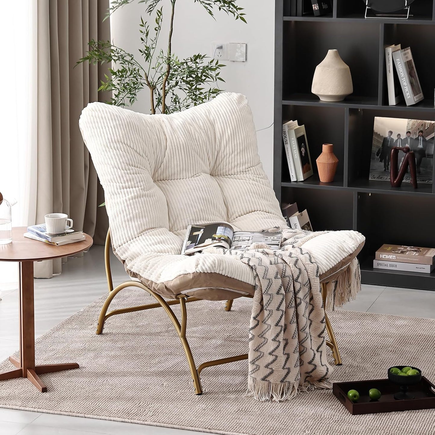 Welnow Accent Lounge Lazy Chair, Comfy Soft Leisure Metal Frame Reading Chair, Upholstered Thick Cushion Seated Recliner Sofa for Living Room, Bedroom, Dorm, Beige