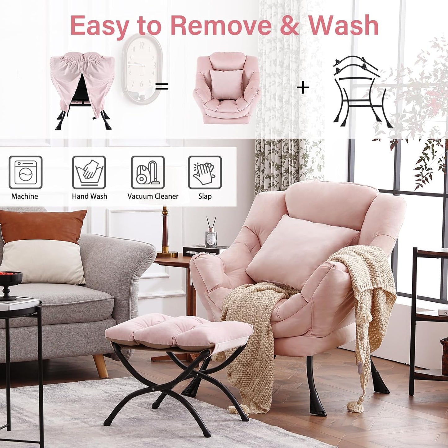 Large Lazy Chair with Ottoman, Accent Reading Chair with a Throw Pillow, Cozy Lounge Armchair, Leisure Sofa Chair for Living Room, Bedroom, Dorm, Velvet Pink