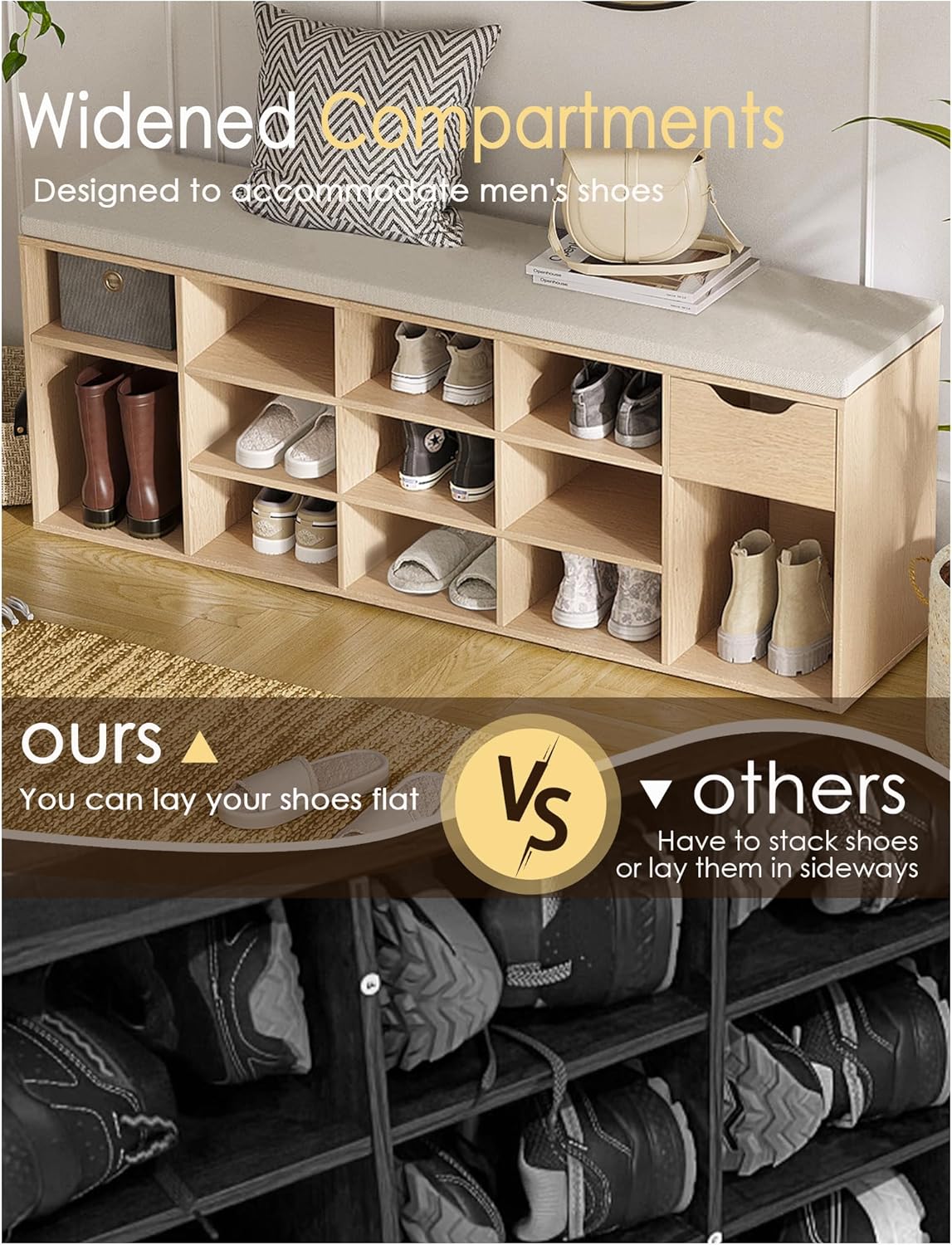 DINZI LVJ Shoe Bench, Entryway Storage Bench with Drawer and 14 Cubbies, Long Cubby Shoe Rack with Adjustable Shelves, Shoe Organizer for Living Room, Bedroom, Mudroom, Garage,Natural