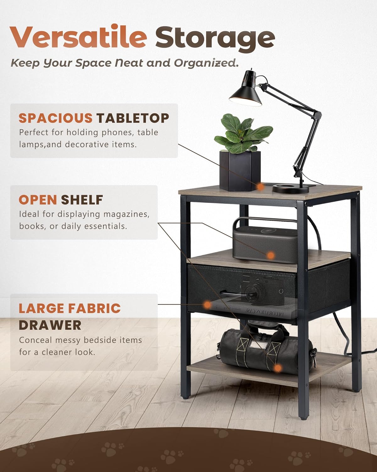 Nightstand with Charging Station, Bed Side Table with Fabric Drawer, 3-Tier Storage Dorm Night Stand for Bedroom, 2 USB & 2 Outlets End Table, Greige and Black