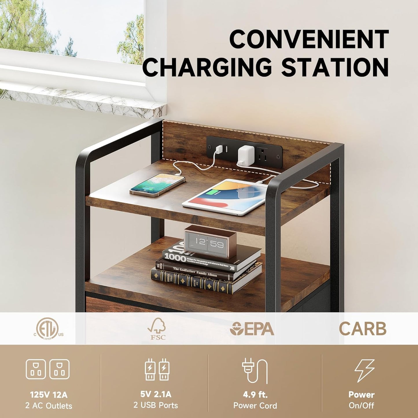 Night Stand Bedside Table Bedroom - Nightstand with Charging Station & LED Light Strip, Bed Side End Table with Storage Shelf & 3 Fabric Drawers, U-S-B Ports & AC Outlets, Rustic Brown