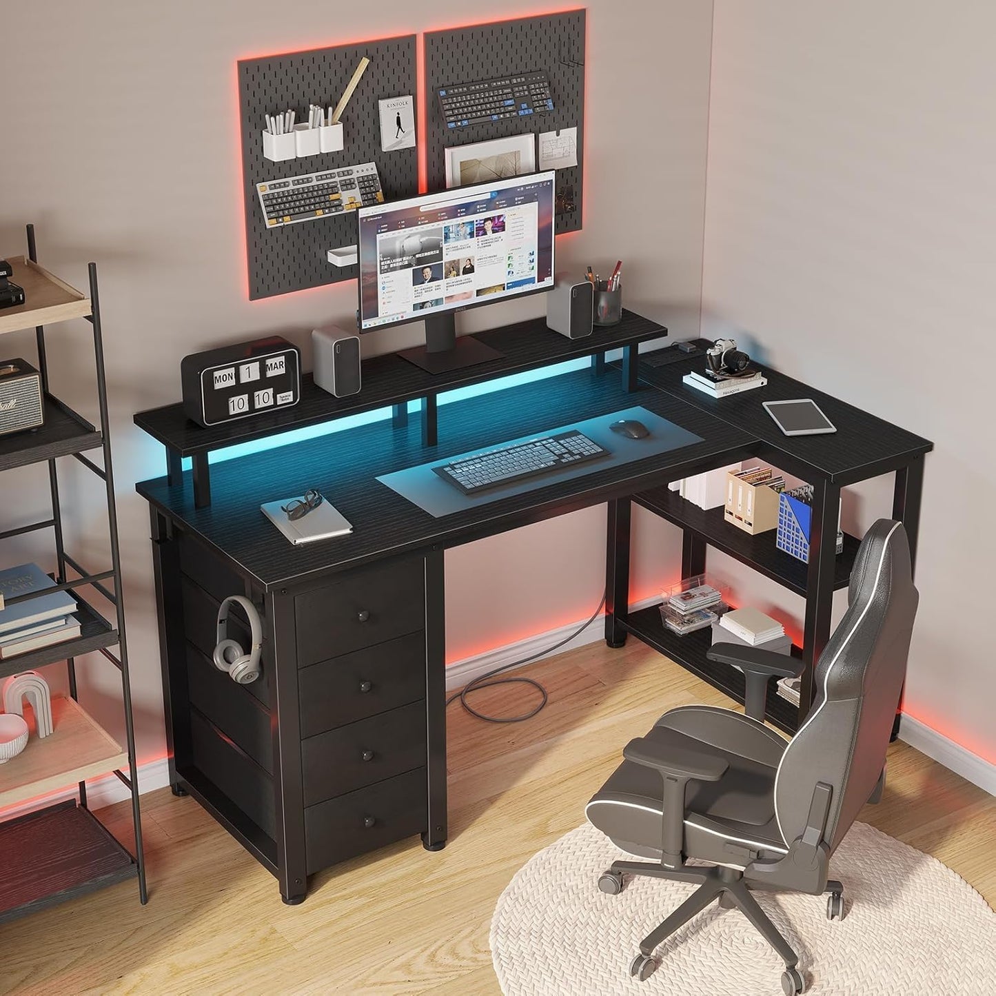 Lufeiya Black L Shaped Desk with Led Lights and Power Outlets, 47 Inch Writing Study Computer Gaming Desks with Fabric Drawers for Bedroom, Home Office Corner Desk with Monitor Stand Shelves, Black