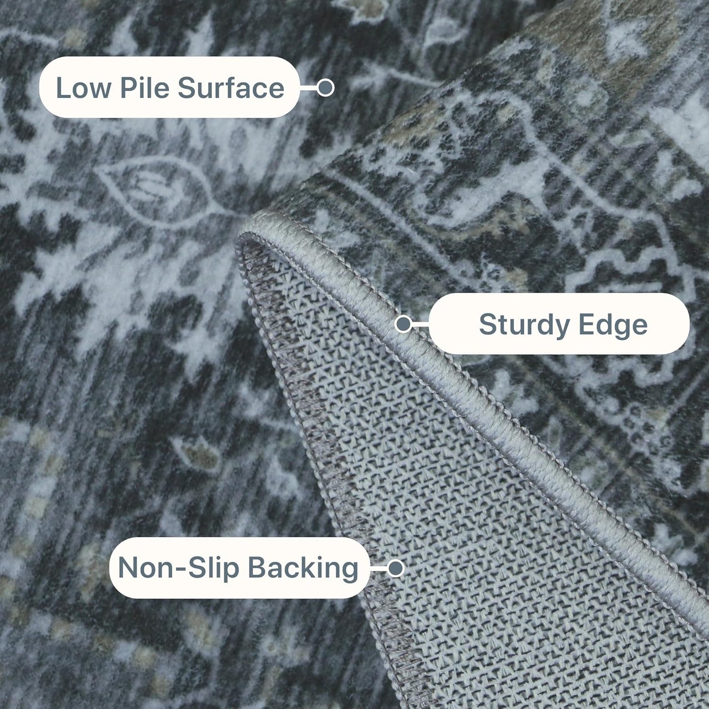 GENIMO 8x10 Area Rugs for Living Room, Machine Washable Non Slip Vintage Rugs, Low Pile Lightweight Chenille Print Rug for Bedroom, Dining Room, Home Office,Dark Gray