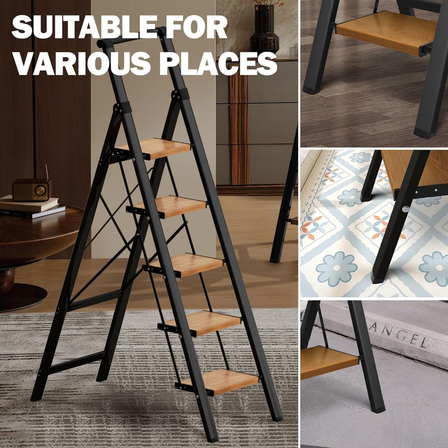 5 Step Ladder, Lightweight Folding Step Stool with Anti-Slip Aluminum Wide Pedal& Convenient Handgrip, 330lbs Capacity Steel Ladder for Household and Office (Black&Woodgrain)