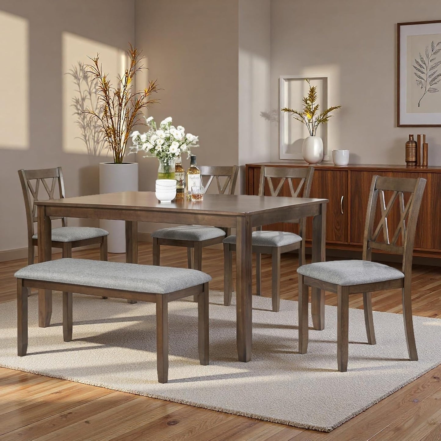 Dining Table Set, Wooden Kitchen Table Set with Rectangular Table, 4 Vertical X Backrest Upholstered Chairs & a Bench, Table and Chairs with Non-Slip Feetmats for 6 People, Living Room, Walnut