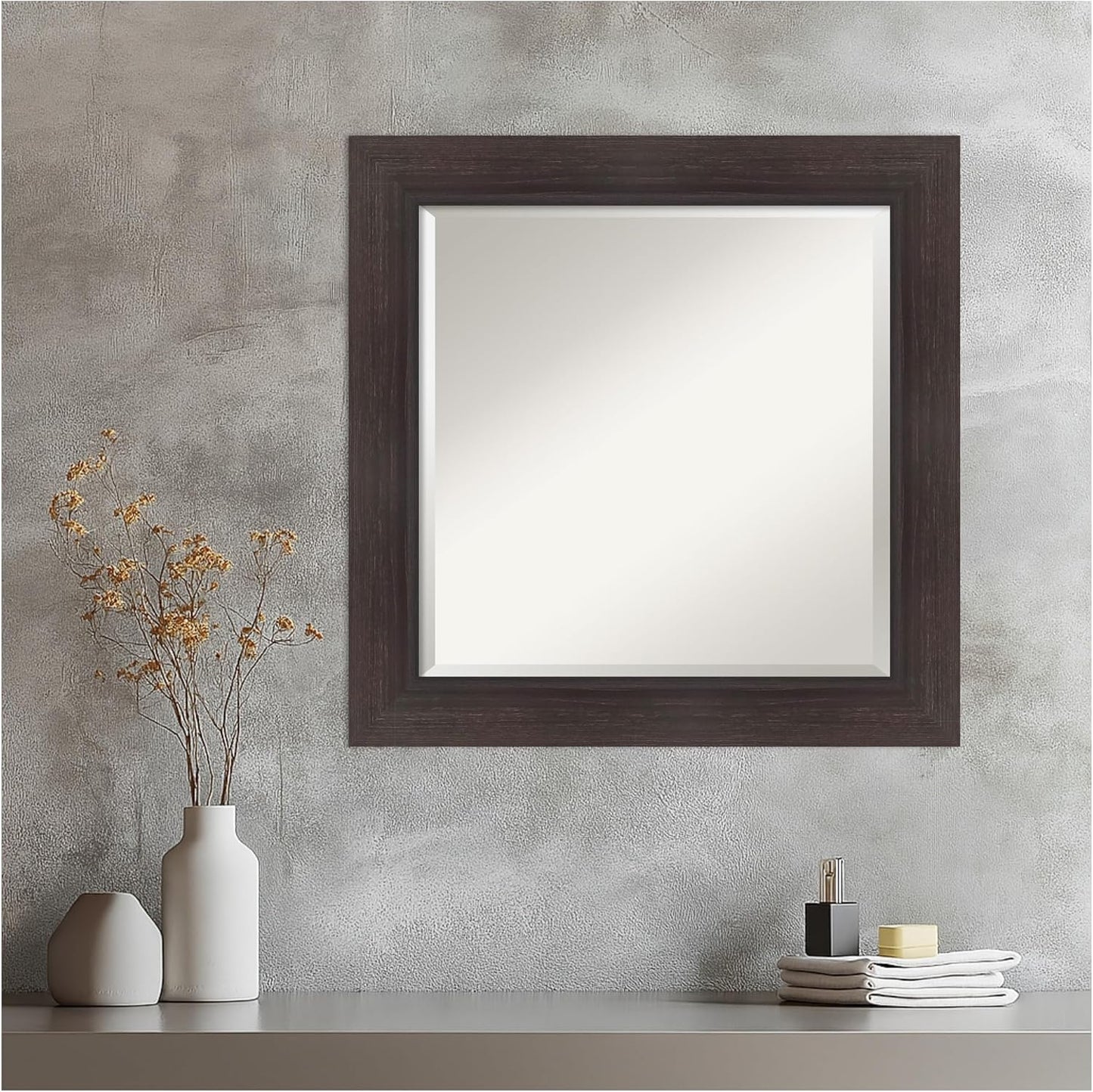 Amanti Art Brown Wall Mirror 26x26 Sloped Espresso Square Bathroom Mirror for Wall Decor Living Room, Medium Modern Contemporary Frame, Hangs Horizonally and Vertically, Bathroom Decor, Beveled Edge