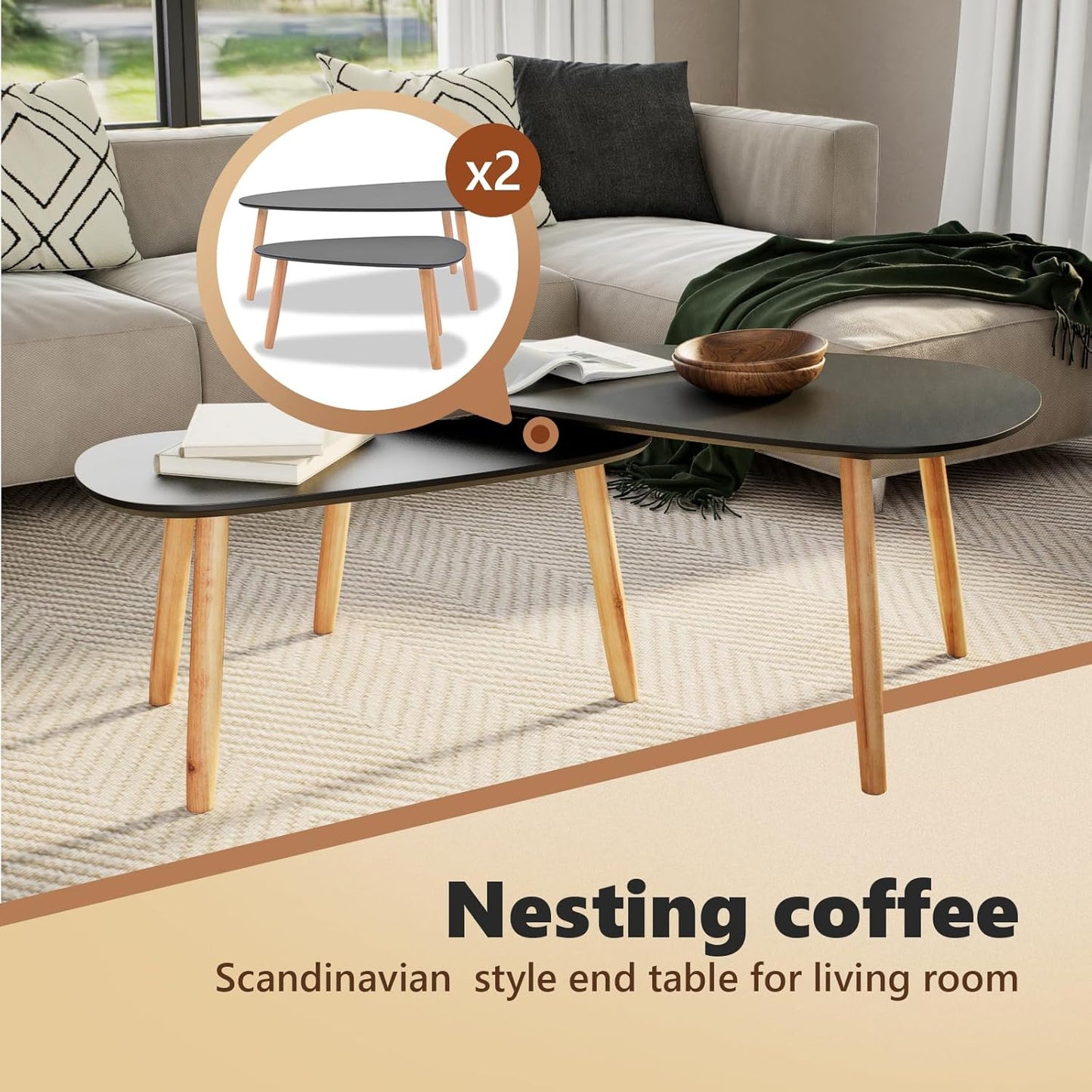 vidaXL Nesting Coffee Table 2 pcs, Side Tables with Solid Pine Wood Legs, Scandinavian Style End Table for Living Room, Black