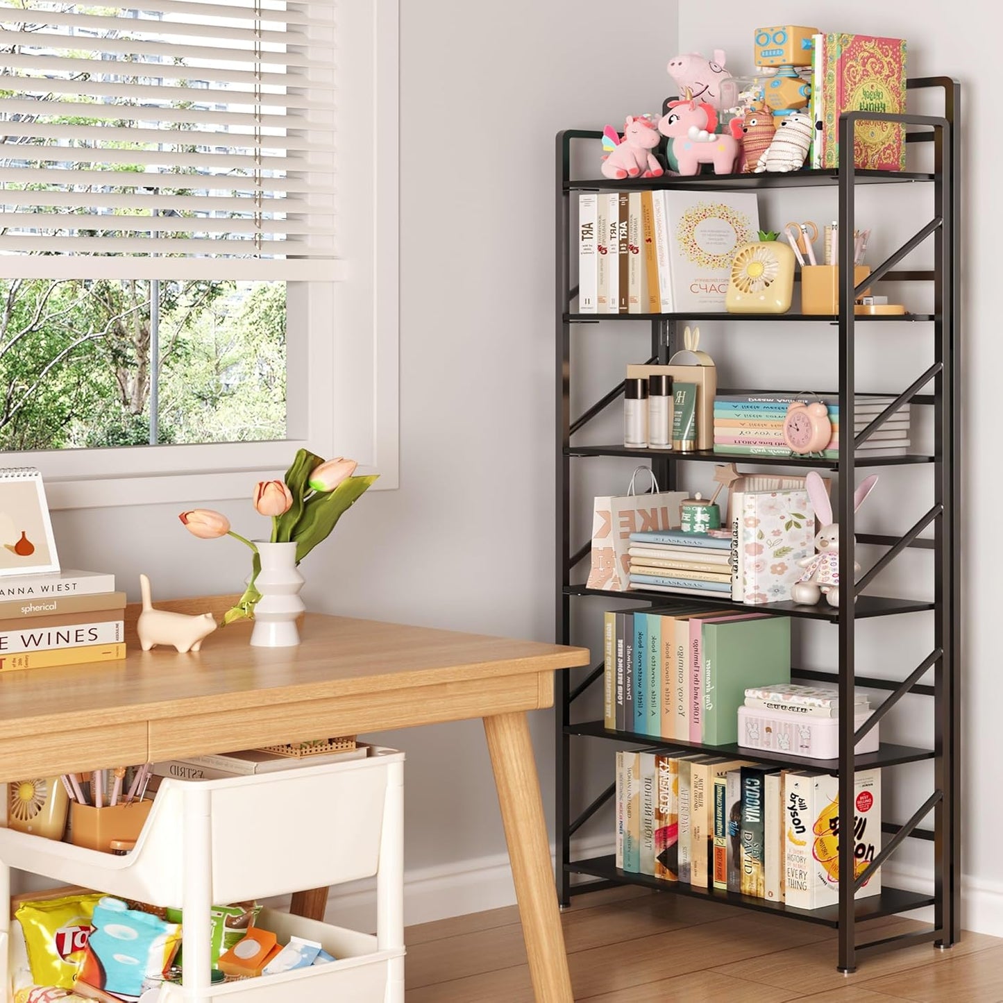 JSB No Assembly Folding Bookshelf, 6 Tier Industrial Metal Book Shelf for Storage, Vintage Wood Foldable Bookcase for Living Room, Bedroom, Office Organization Shelves