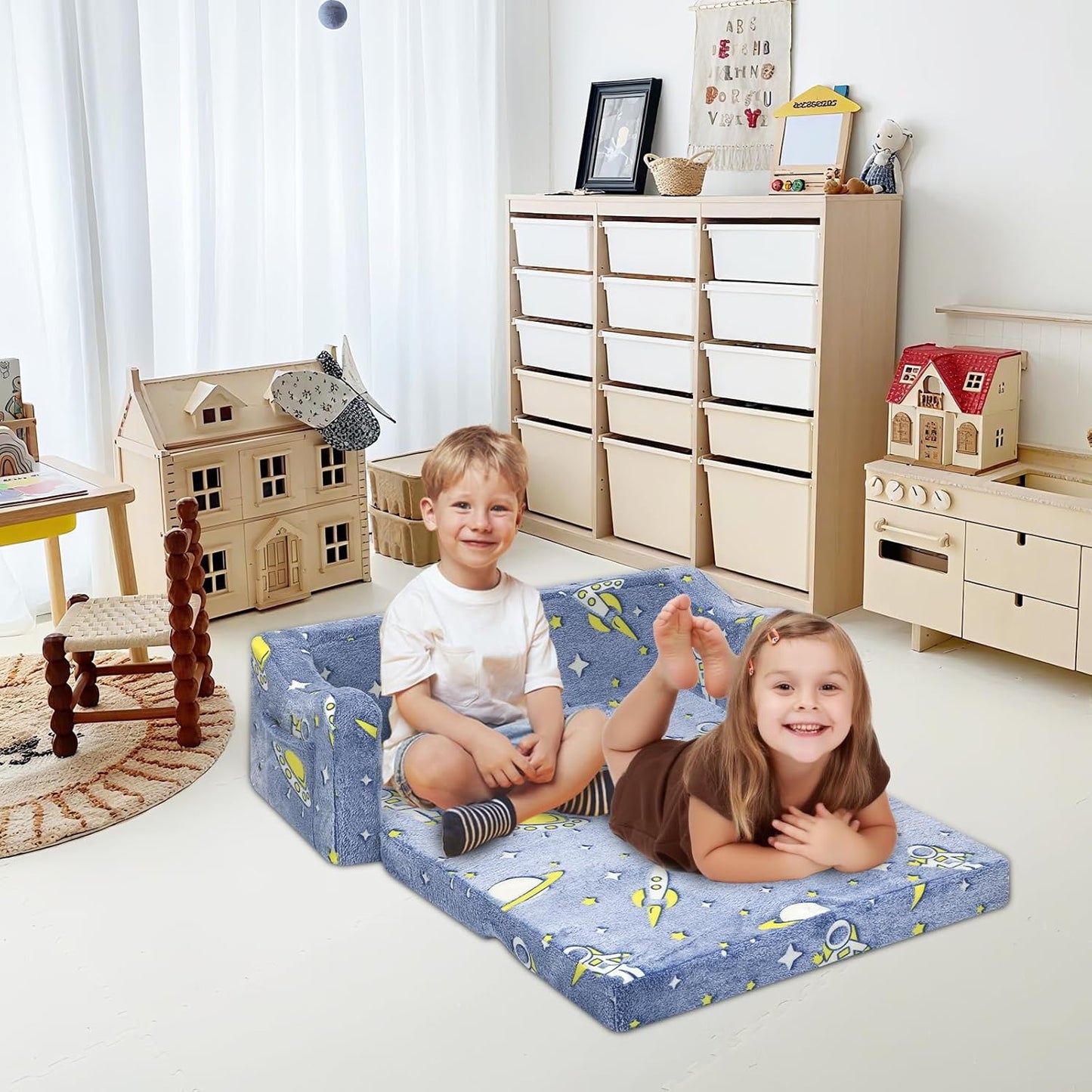 Kids Couch Extra Large,Glow in The Dark 2-in-1 Folding Kids Sofa Bed for Boys,2 Seats Convertible Sleeper Lounger Toddler Couch for Children Bedroom Playroom Nursery,Astronaut