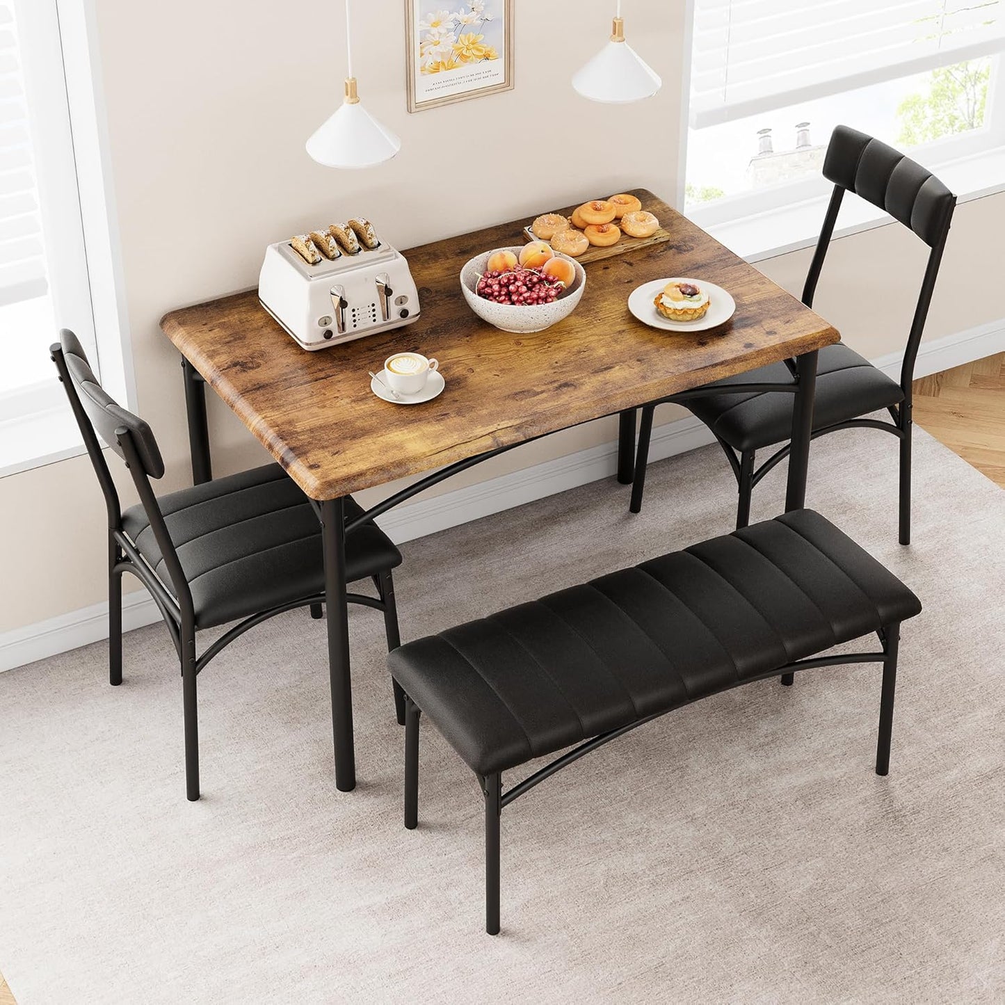 GAOMON Dining Table Set for 4 with Upholstered Bench and 2 Chairs, Rectangular Dining Room Table Set for 4 for Small Space, Apartment, Dinner, Rustic Brown