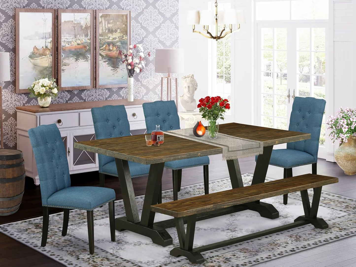East West Furniture V677EL121-6 6 Piece Modern Dining Table Set Contains a Rectangle Wooden Table with V-Legs and 4 Blue Linen Fabric Parson Chairs with a Bench, 40x72 Inch, Multi-Color