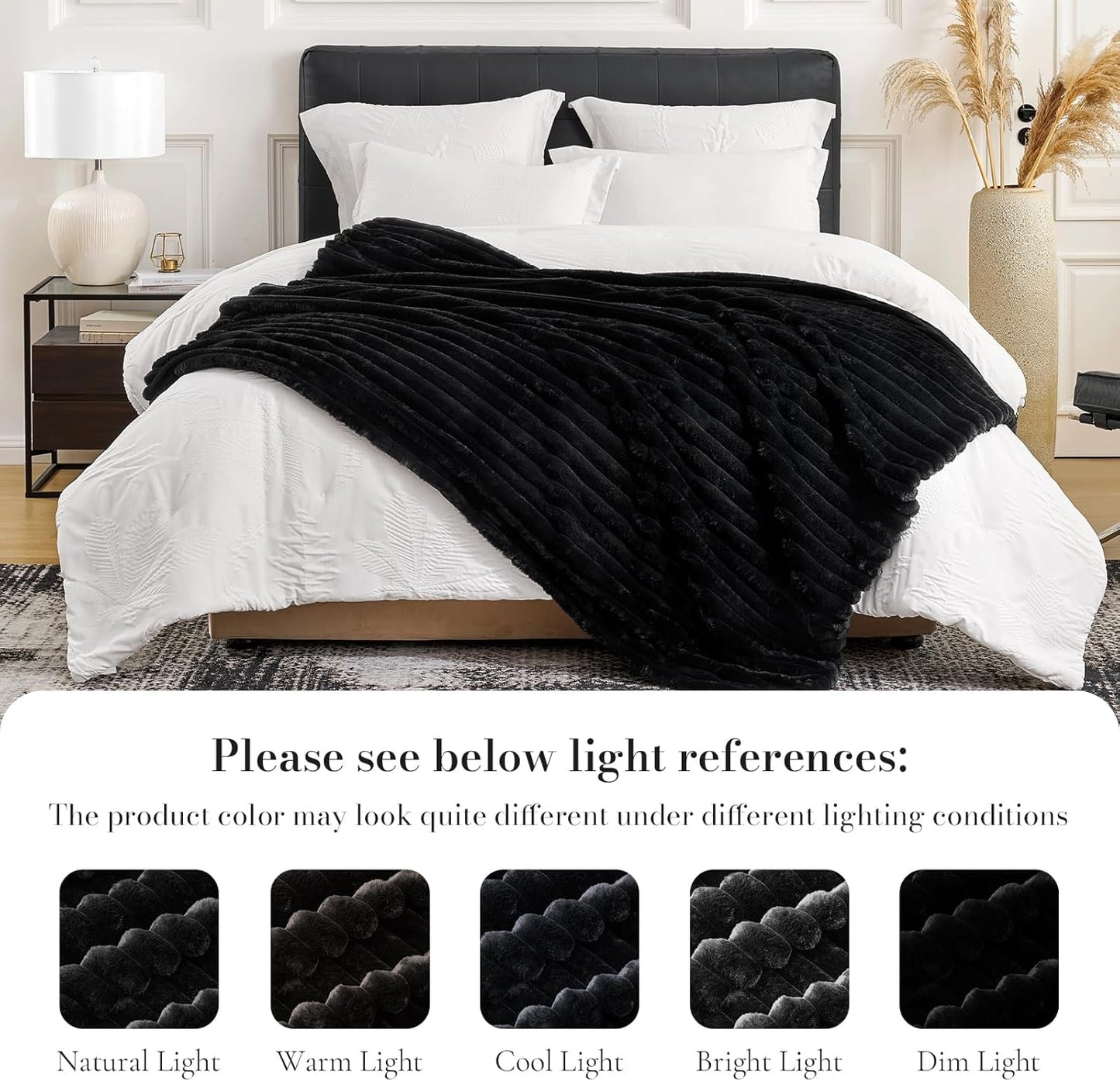 Amélie Home Faux Fur Throw Blanket for Couch, Cozy Fuzzy Fluffy Fur Luxurious Soft Striped Plush Gift Blankets for Family Sofa Chair Bed Living Room Bedroom, 55"x70", Black