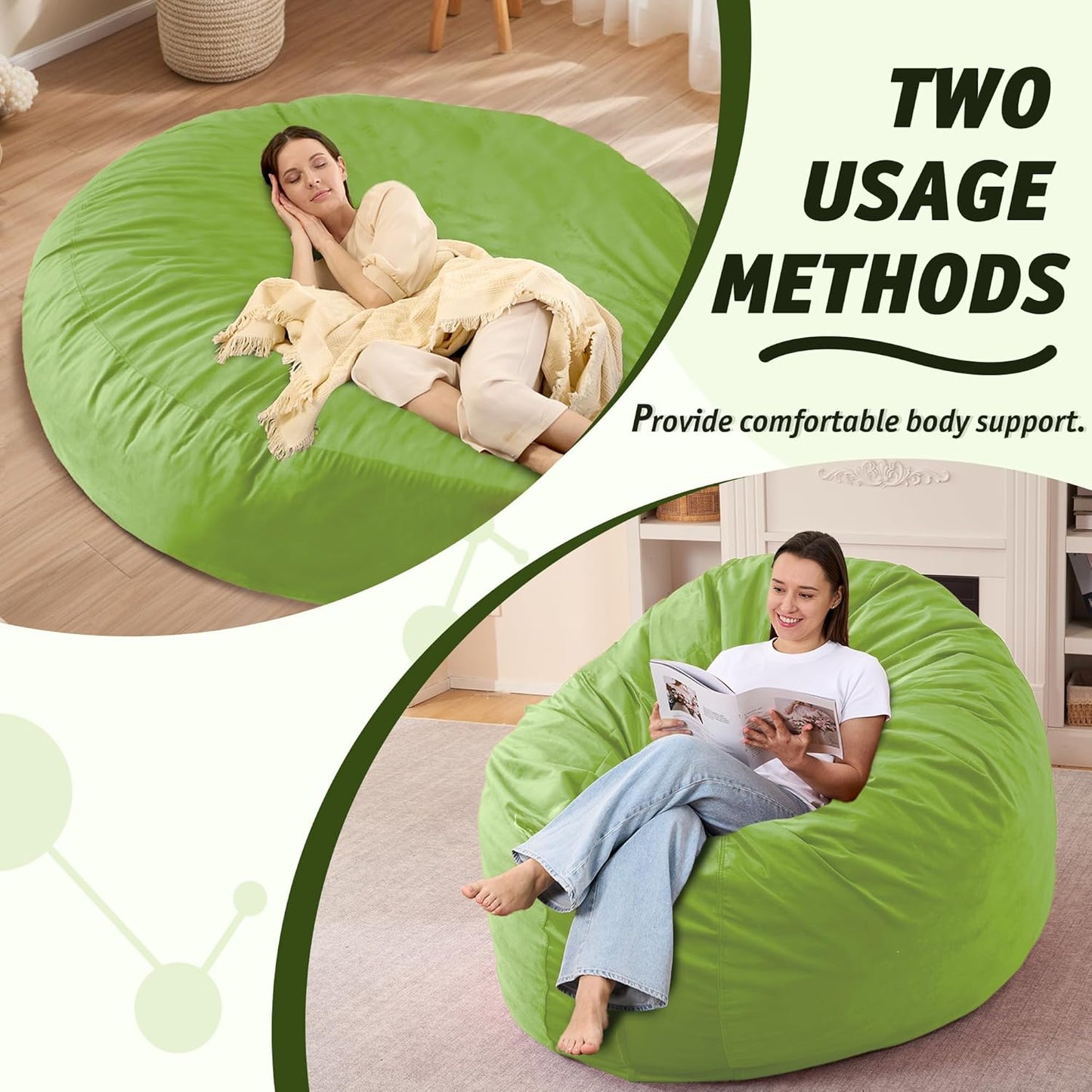 7FT Bean Bag Chair with Ultra Soft Velvet Cover Bean Bag Sofa with Memory Foam Bean Bag Chairs with Large Size Lazy Sofa for Dorm Office Living Room Bedroom Grass Green 7'