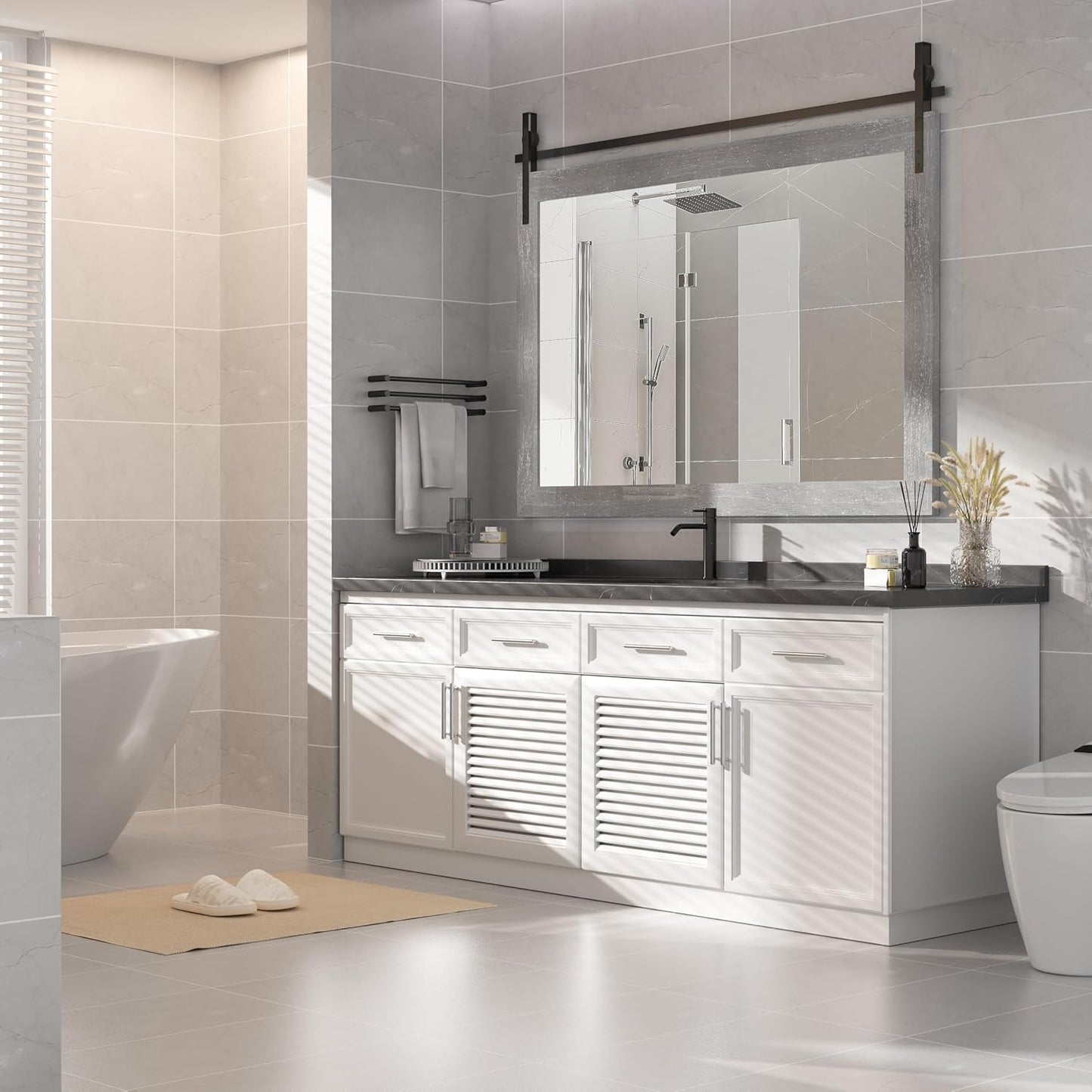 Hasipu Farmhouse Bathroom Mirror, 48"x32" Rustic Wood Framed Wall Mounted Mirror, Gray Vintage Vanity Mirror Barn Door Style Decrative Mirrors