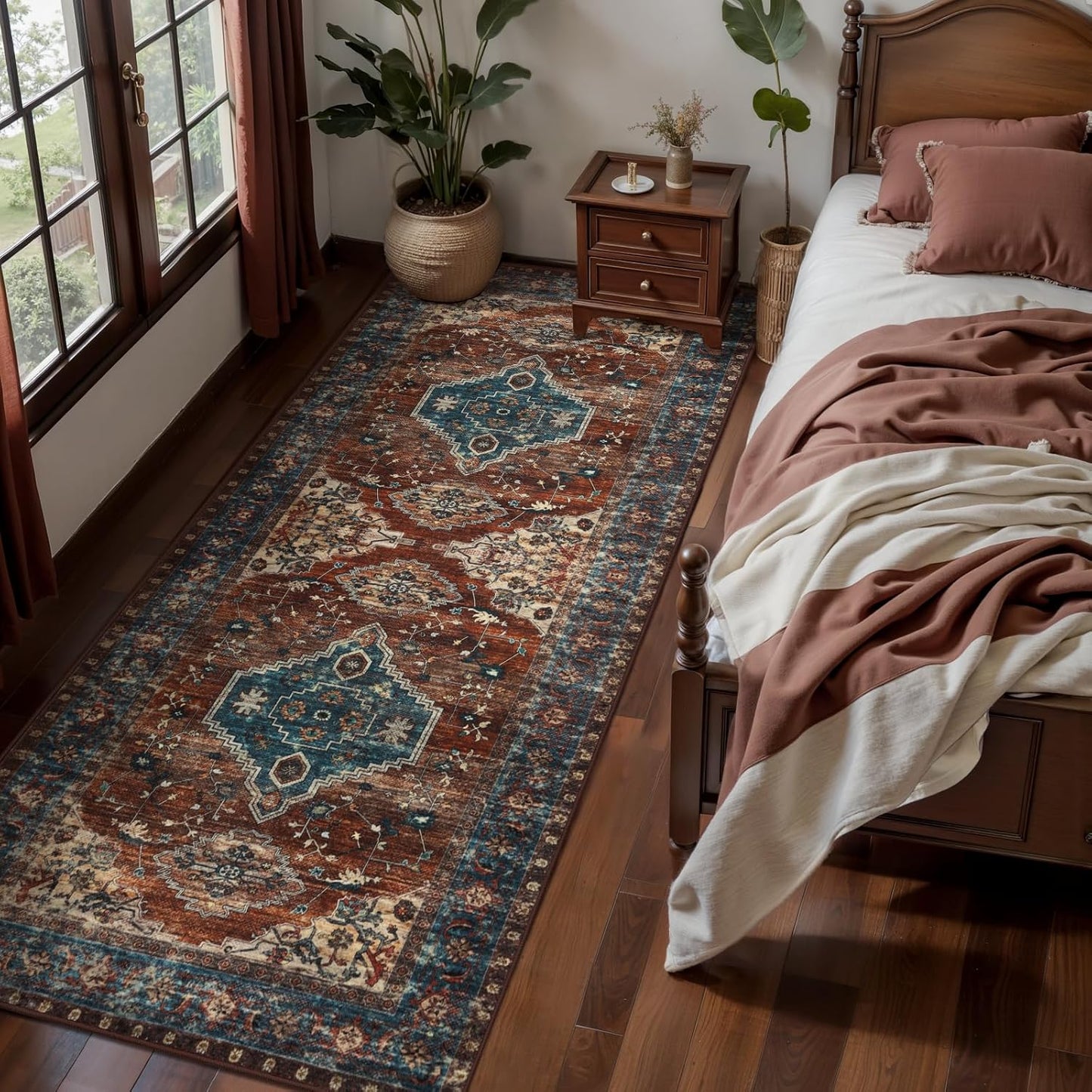 Tangsoo 2x6 Washable Runner Rug for Hallways, Non Slip Vintage Runner Rug, Soft Low Pile Long Rug Runner, Print Distressed Carpet Runners for Kitchen Bedroom Entryway Bathroom Living Room Rust