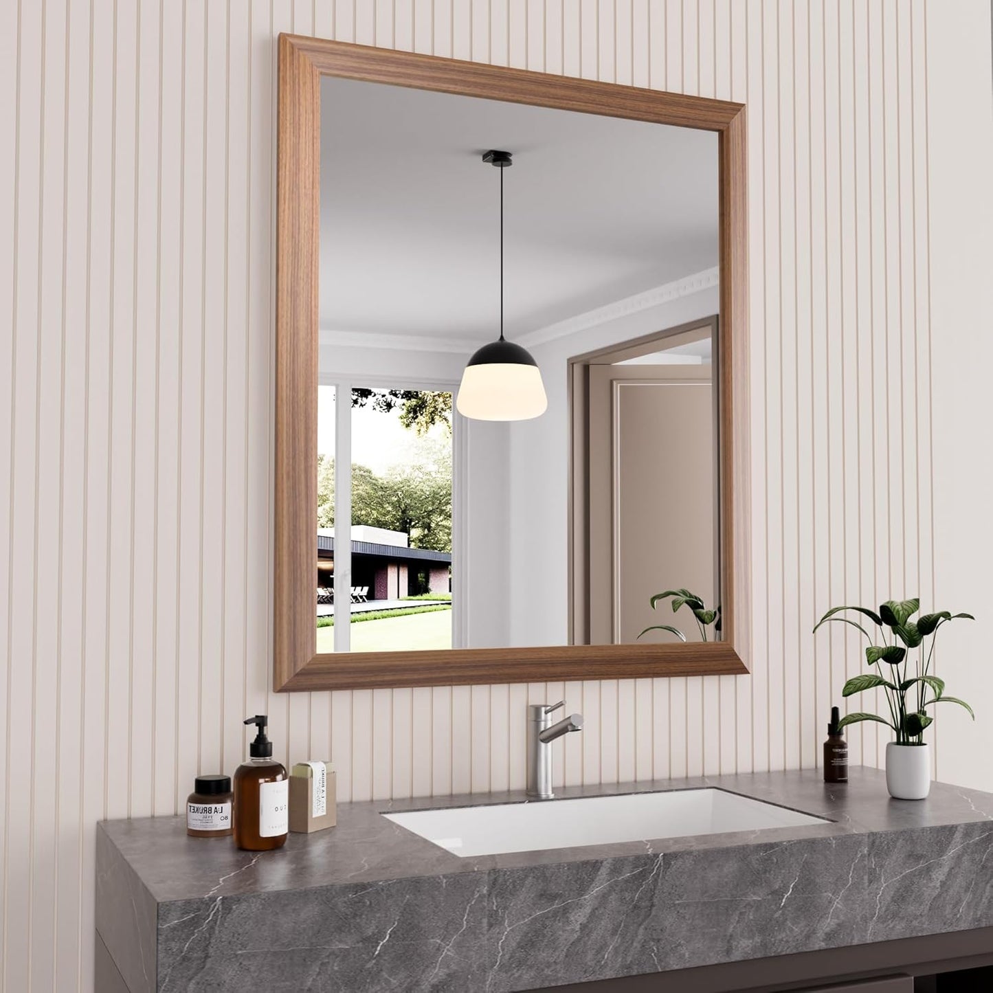 Amorho 30 X36 Inch Bathroom Mirror for Wall, Walnut Wood Grain Metal Framed Mirror, Anti-Rust, Hang Horizontally/Vertically, Suitable for Bedroom, Farmhouse, Bathroom, Decorative