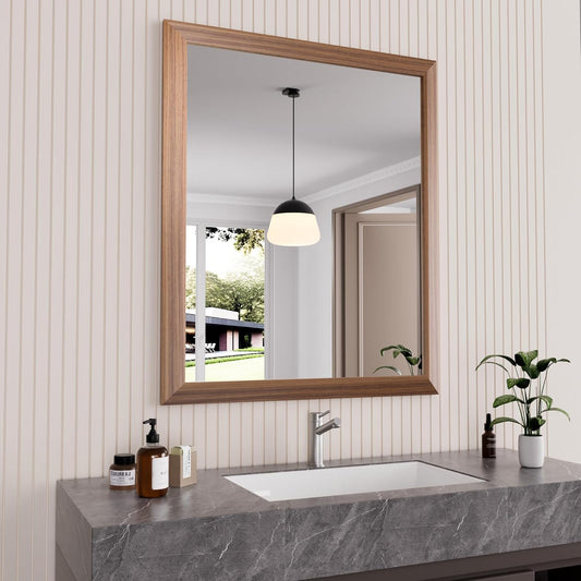 Amorho 30 X36 Inch Bathroom Mirror for Wall, Walnut Wood Grain Metal Framed Mirror, Anti-Rust, Hang Horizontally/Vertically, Suitable for Bedroom, Farmhouse, Bathroom, Decorative