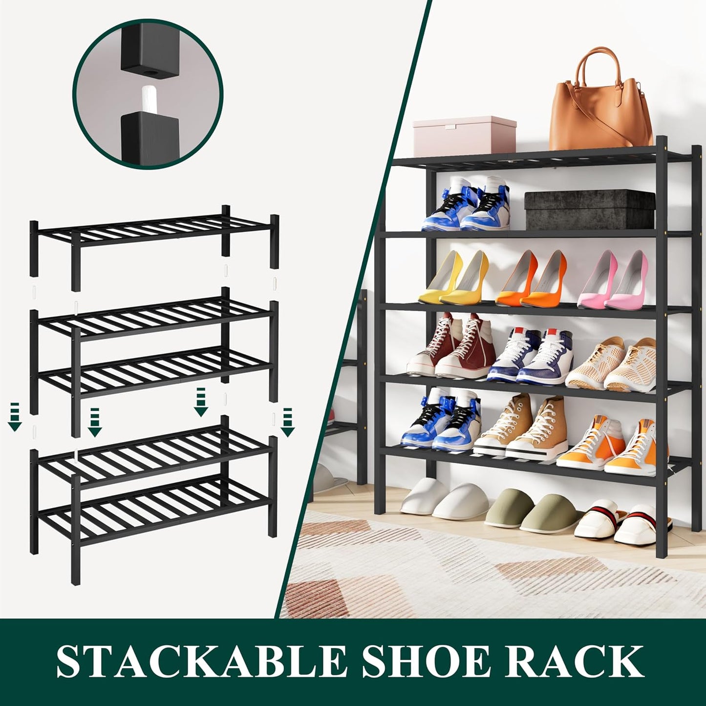 Smiry Shoe Rack, 5 Tier Bamboo Shoe Organizer, Stackable Free Standing Wooden Shoe Storage Shelf for Closet, Entryway, Front Door Entrance, Black