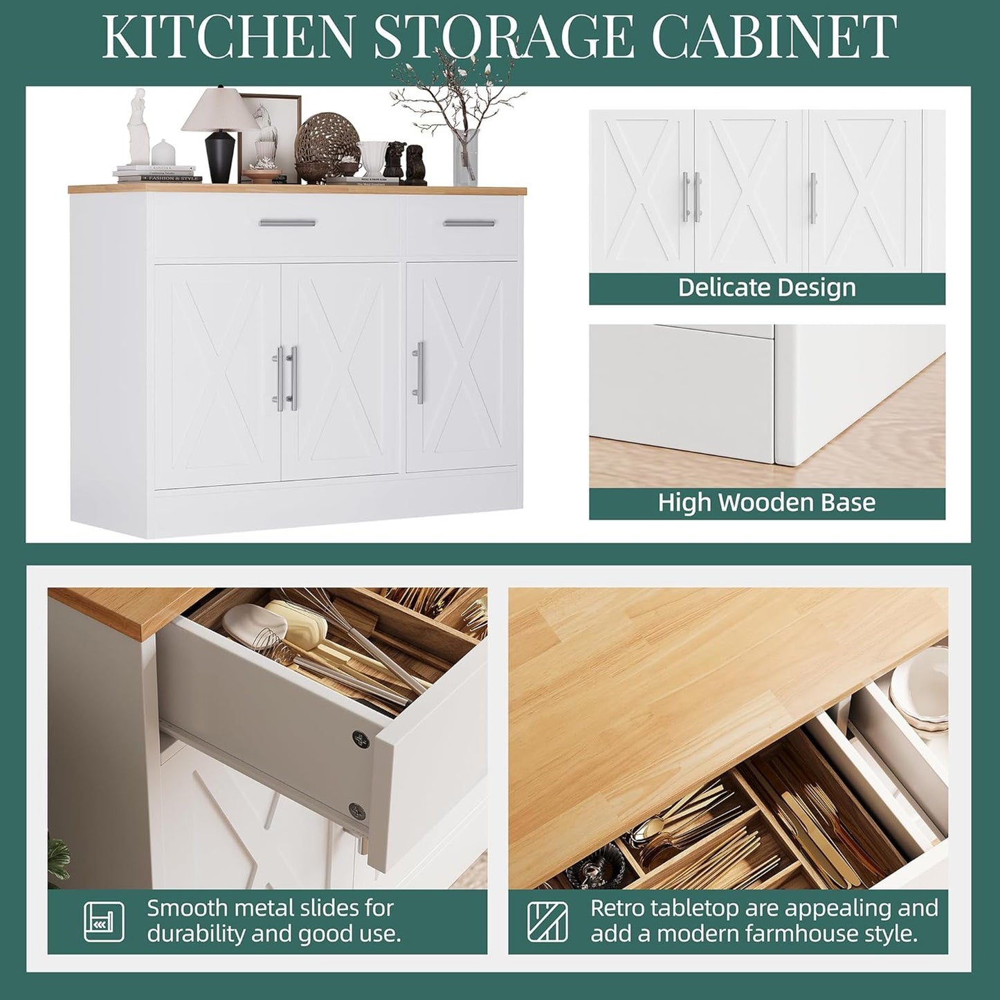 Shintenchi Modern Farmhouse Sideboard Buffet Cabinet with Storage with 3 Doors,42" Barn Doors Buffet Cabinet with Storage, Wood Coffee Bar Cabinet with Adjustable Shelf for Kitchen Living Room,White