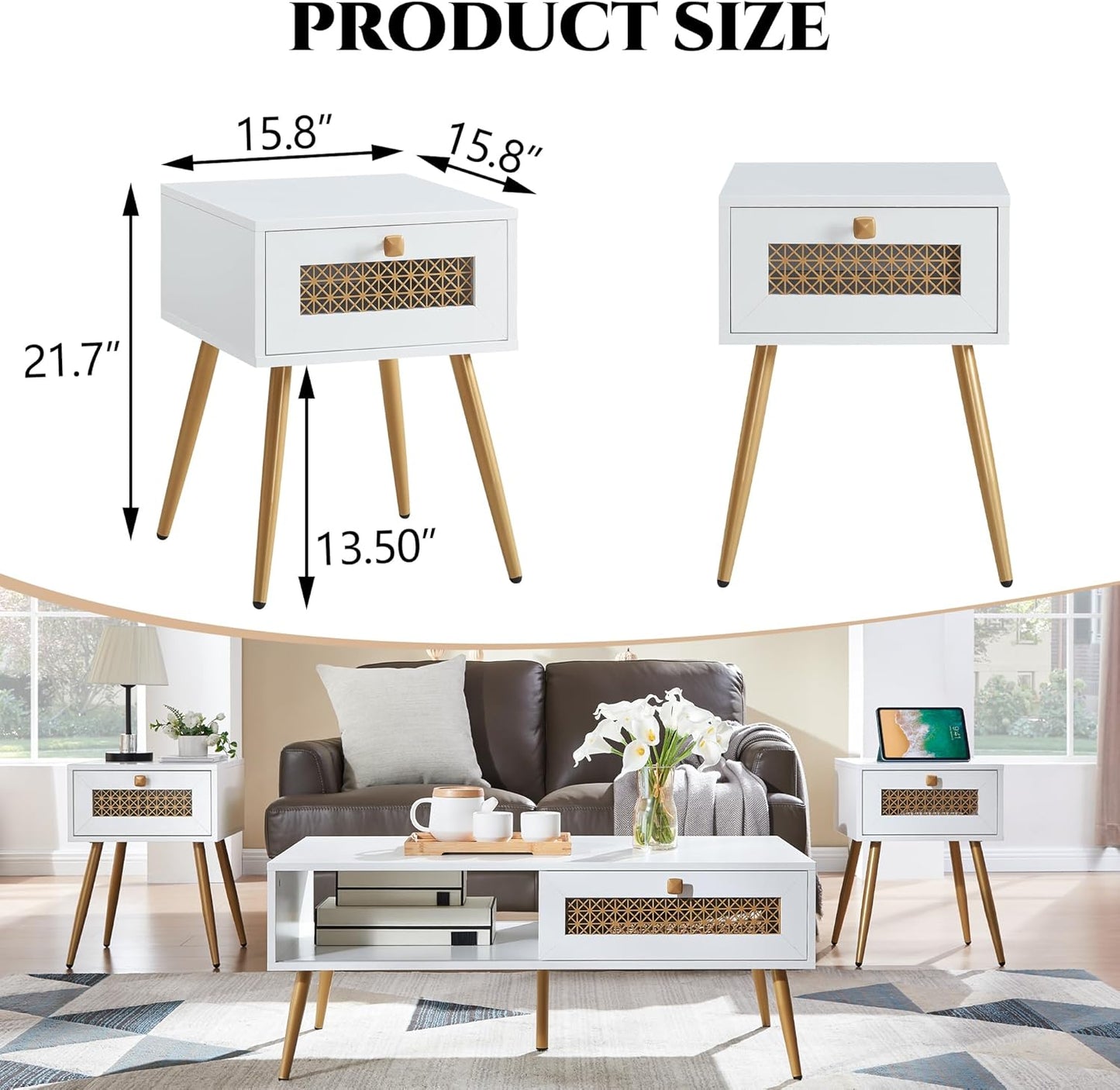 Modern Style Side Table, End Table with Drawer for Living Room, Square Wooden Small Nightstand, White