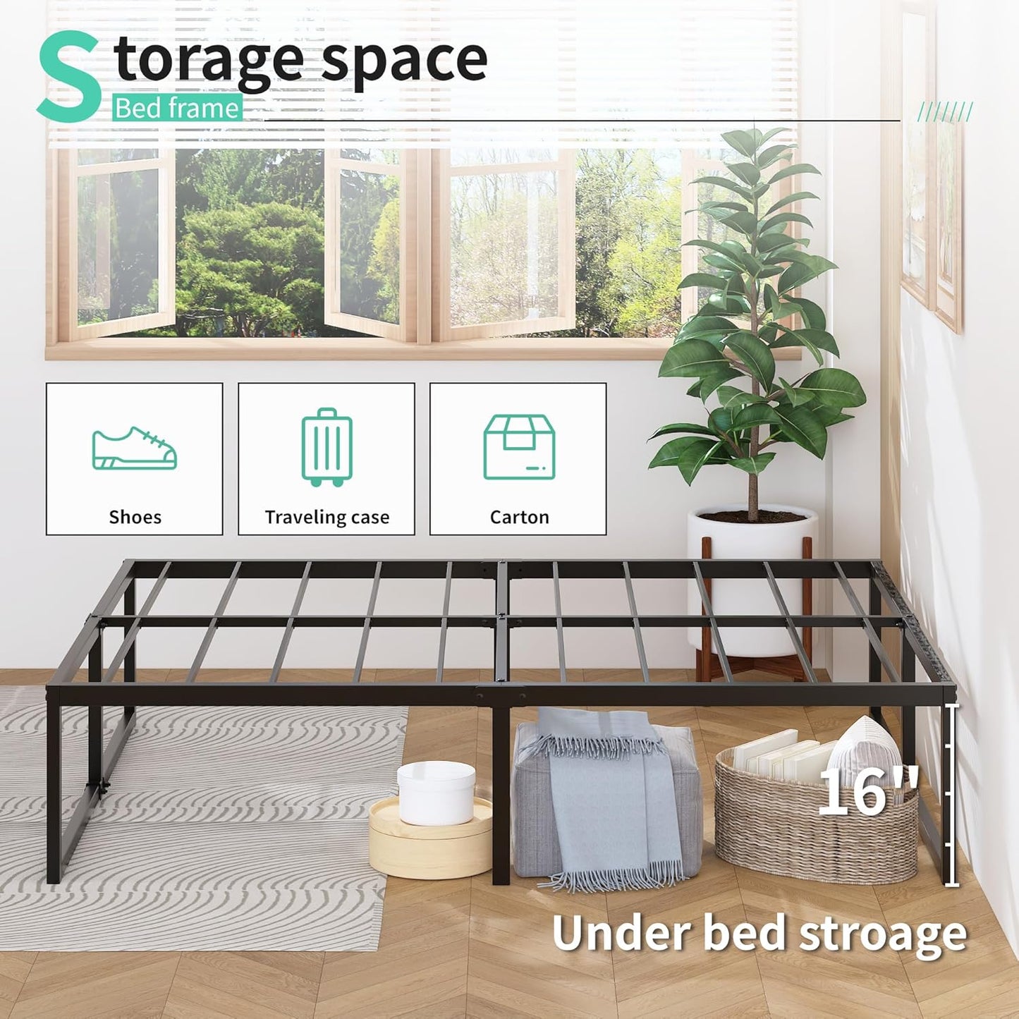 18 Inch King Bed Frame with Storage Bed Cover Skirt, Heavy Duty Metal Full Platform Bed Frame No Box Spring Needed, Easy Assembly, Noise Free, Black and Blue