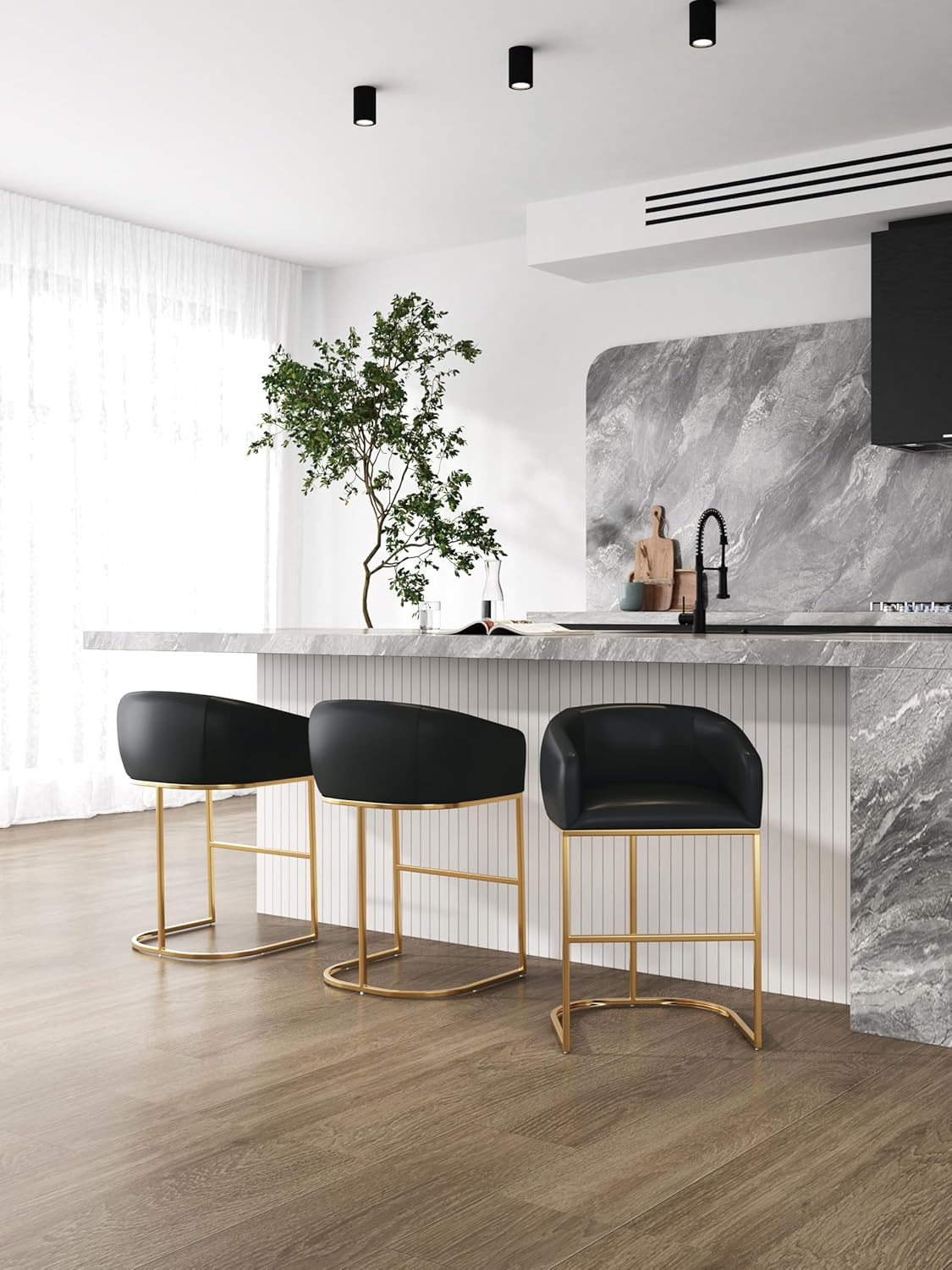 Manhattan Comfort Louvre 26 Inch Mid Century Modern Counter Height Bar Stools - Elegant Faux Leather Padded Seat, Stainless Steel Base with Footrest, Fully Assembled Barstools, Set of 1, Black & Gold