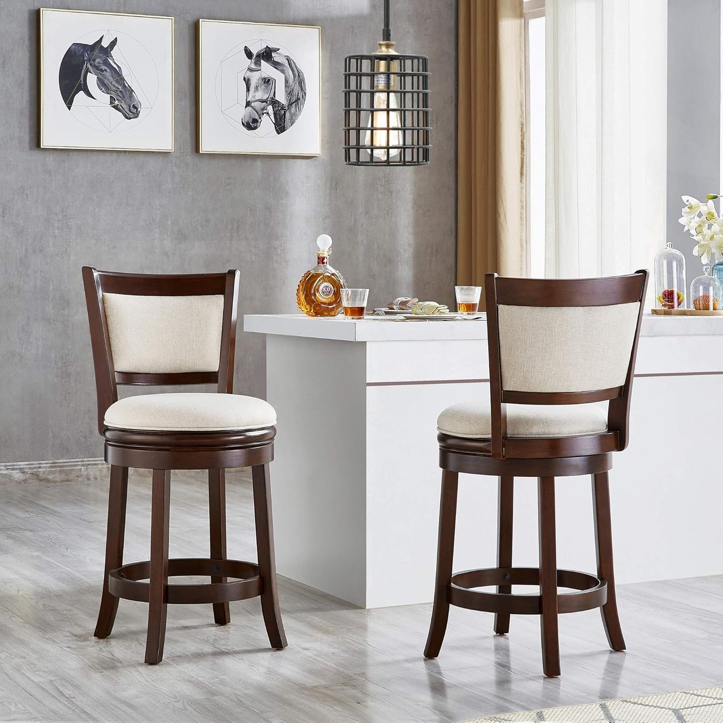 Ball & Cast Swivel Barstool Upholstered Counter Stool 24 inch Kitchen Wooden Bar Stool , Cappuccino&Taupe