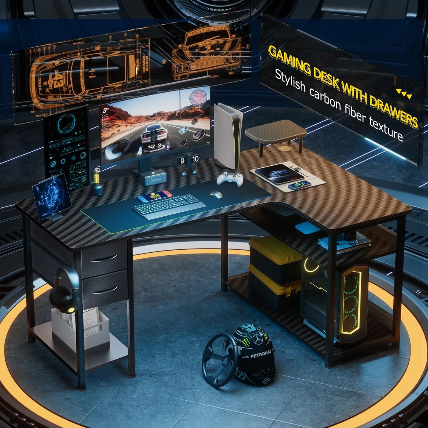 GTRACING Gaming Desk with Drawers, Carbon Fiber Style L Shaped Computer Desk Compatible with Monitor Arm Corner Desk Gaming Table for Home Office Desks, Easy to Assemble Adjustable Shelf Height