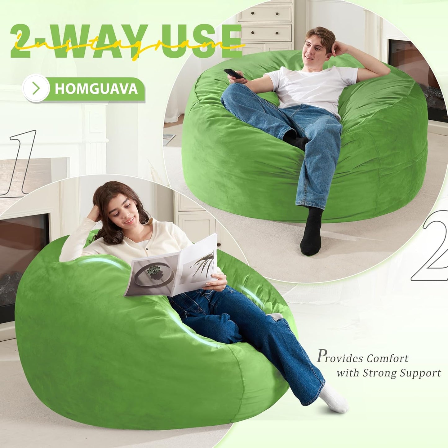 Homguava 4 FT Bean Bag Chair: 4' Bean Bags with Memory Foam Filled, Large Beanbag Chairs Soft Sofa with Dutch Velvet Cover-Lime