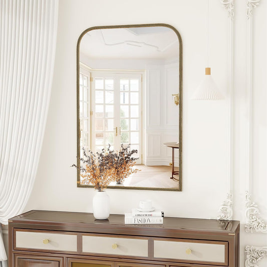 Axeman 32x48 Rounded Rectangular Wall Mirror, Decorative Bathroom Mirror, Traditional Vintage Wall Mounted Mirror with Beaded Frame for Accent Living Room Vanity Bedroom Entryway, Bronze