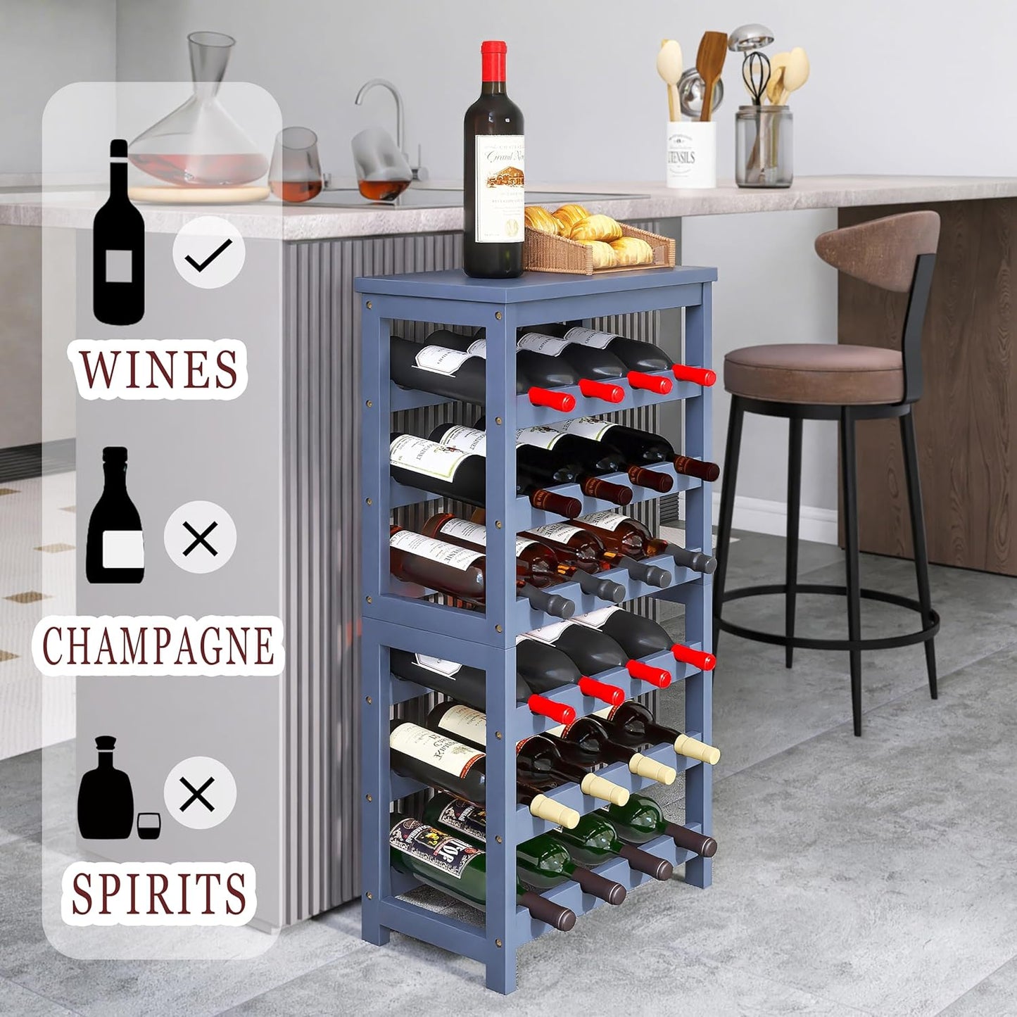 Wine Rack, 6 Tier 24 Bottles Bamboo Wine Organizer Holder, Floor Freestanding Wobble-Free Wine Display Storage Shelf for Kitchen with Tabletop, Grey