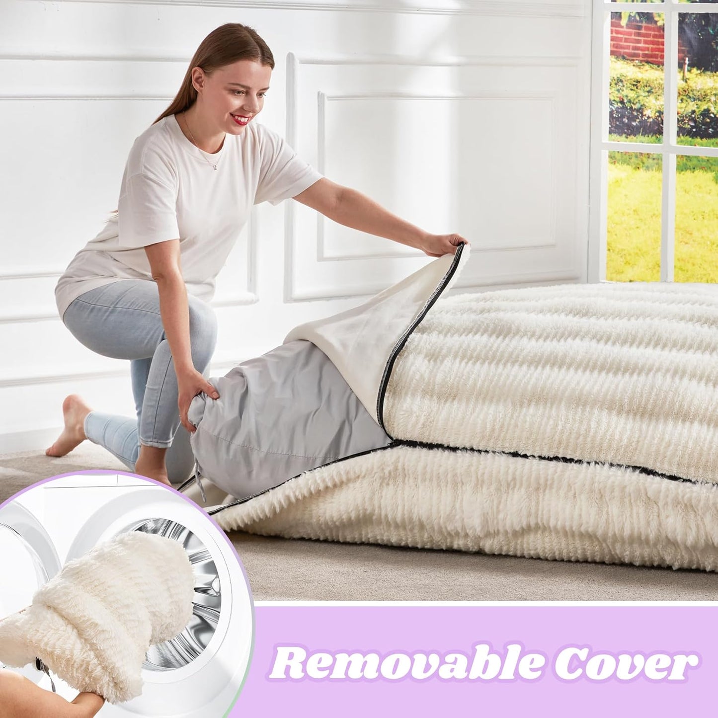 Hobestluk 3 in 1 Bean Bag Chair Giant Bean Bag Chairs for Adults with Ripple Cover Convertible Bean Bag Floor Cushion with Machine Washable Cover for Living Room (Ripple White)