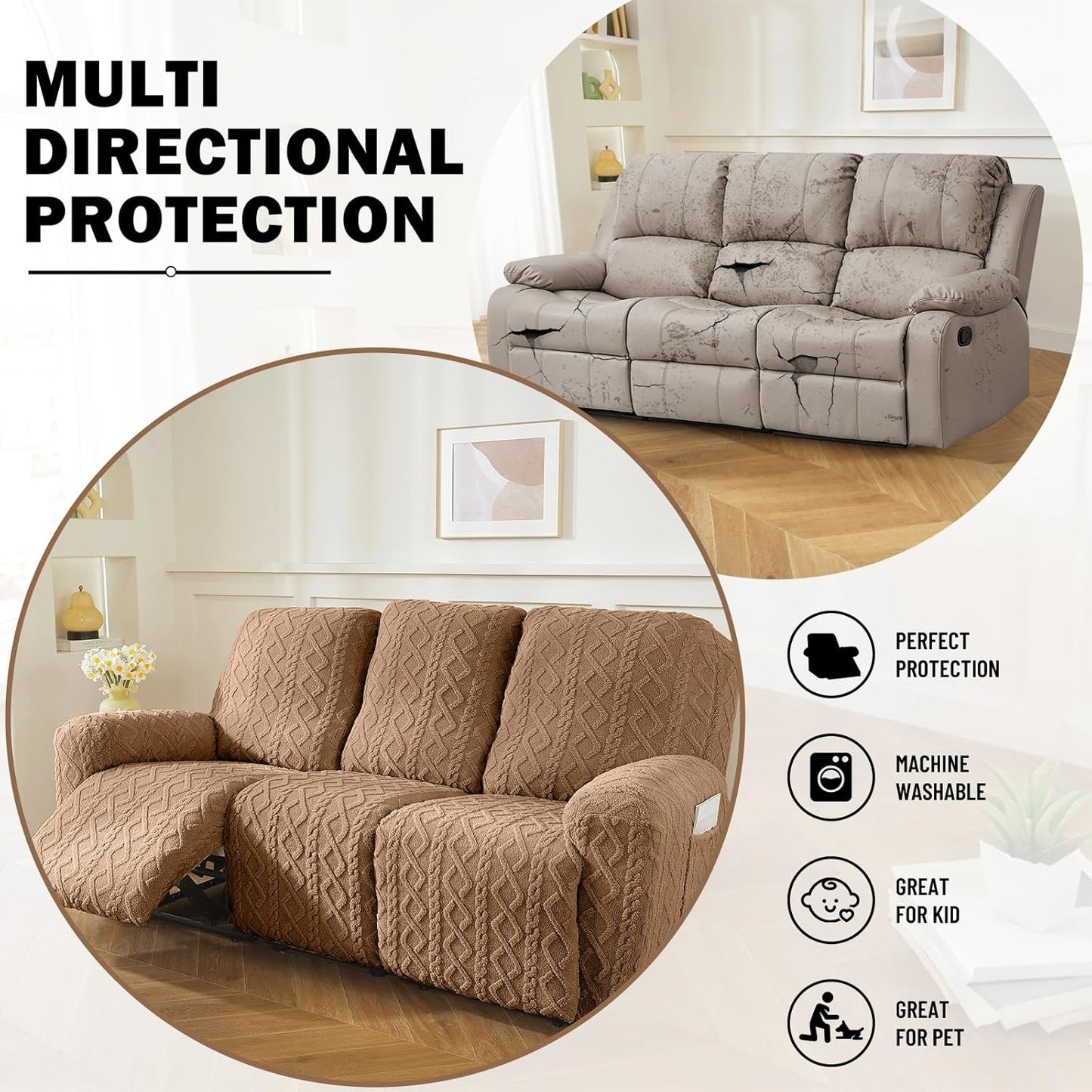 vctops 8 Pieces Geometric Jacquard Plush Recliner Sofa Covers Soft Fuzzy Fluffy 3 Seats Couch Cover Anti-Slip Sofa Slipcover Furniture Protector with Elastic Bottom for Kids Pet(Brown,3 Seat)