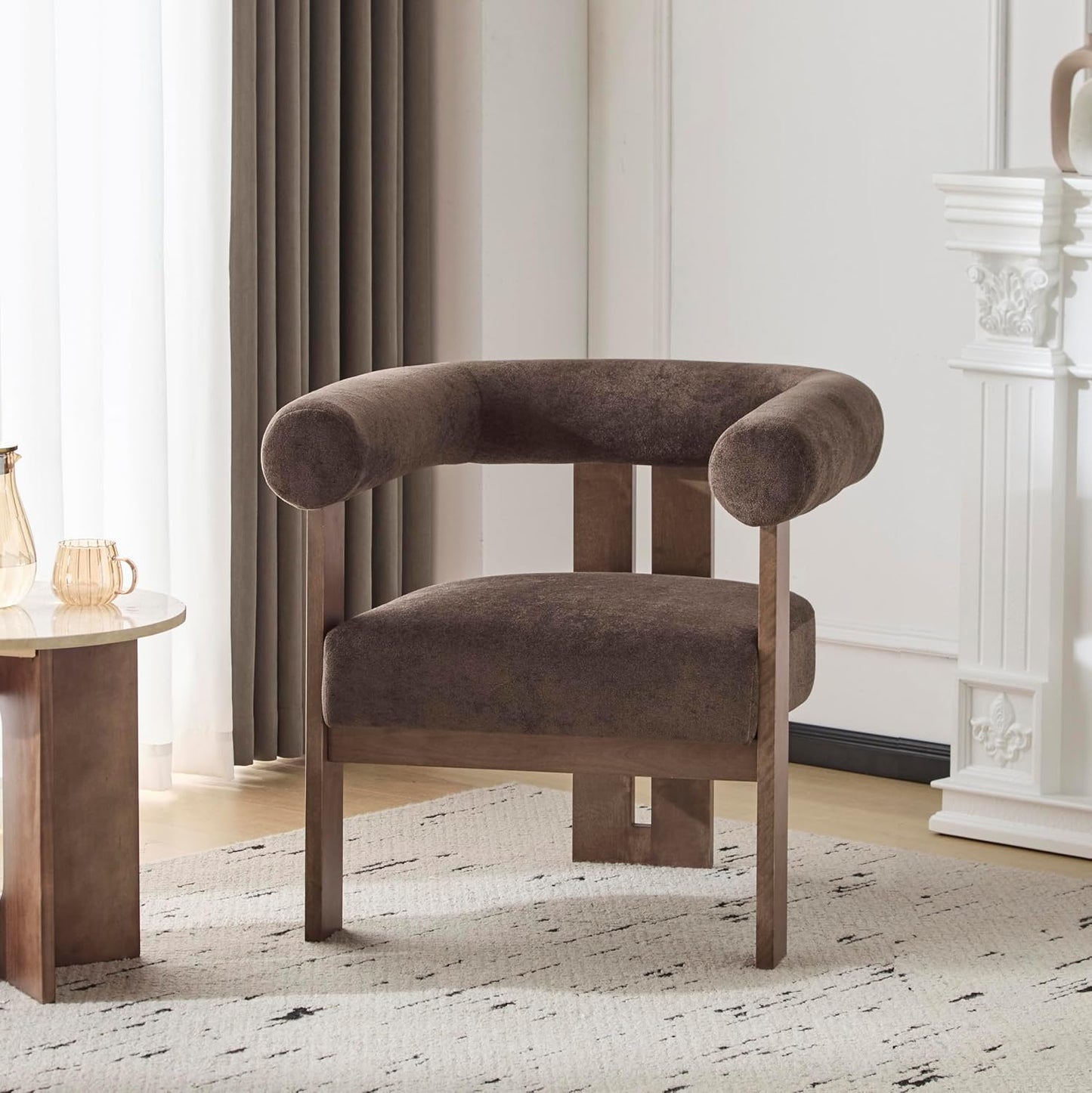 Christopher Knight Home Rones Modern Velvet Upholstered Accent Chair, Wooden Living Room Club Chair with Curved Backrest, Minimalist Bedroom Comfy Reading Chair, Thick Padded Seat, Dark Brown+Walnut