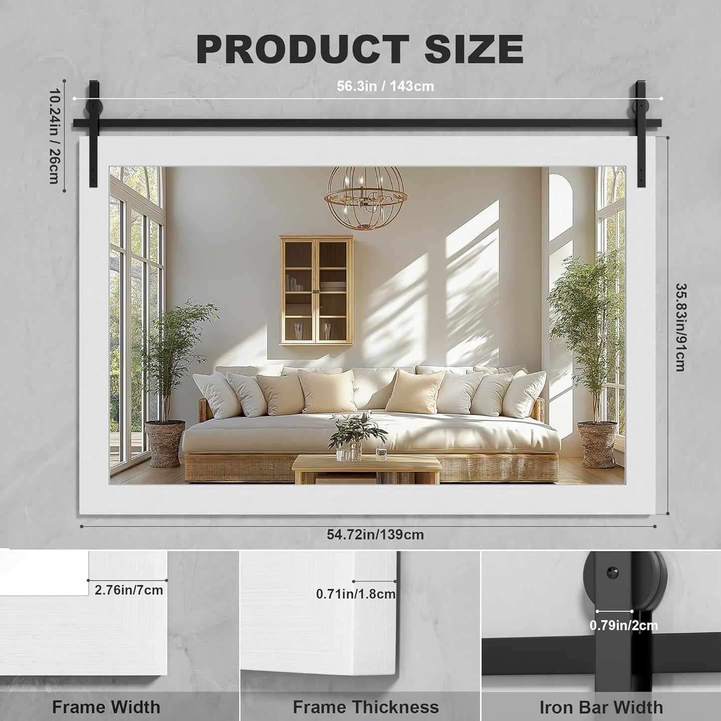 Hasipu Farmhouse Bathroom Mirror, 55"x36" Rustic Wood Framed Wall Mounted Mirror, White Vintage Vanity Mirror Barn Door Style Decrative Mirrors