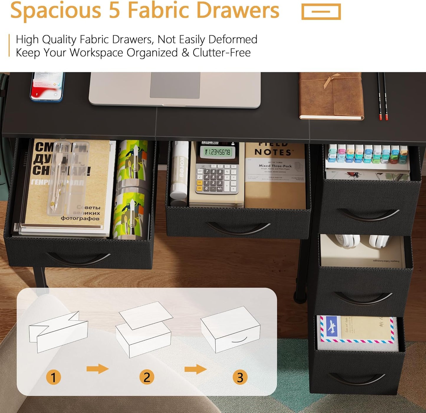 Small Computer Desk with 5 Fabric Drawers, 33 Inch Writing Desk for Home Office, Simple PC Desks for Small Place, Kids Girls Teen Study Table Vanity for Bedroom Dorm, Black