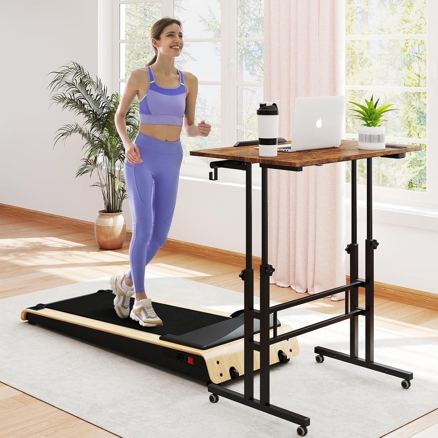 SIDUCAL Mobile Standing Desk with Charging Station, Portable Desk for Walking Pad, Adjustable Computer Workstation with Wheels, Office Table Stand with Tilted Desktop 23.62" D X 31.5" W Rustic Brown