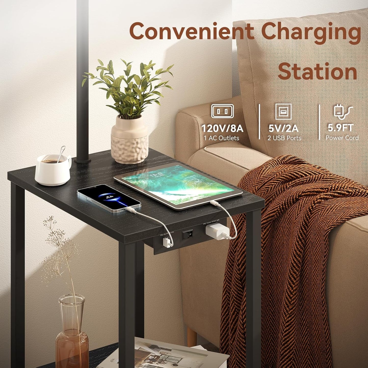 SUNMORY Floor Lamp with Table, End Table for Living Room with Lamp, Shelves Side Table with Charging Station(USB & AC Port), 3 Color Temperature LED Bulb, Modern Nightstand Lamp for Bedroom, Office