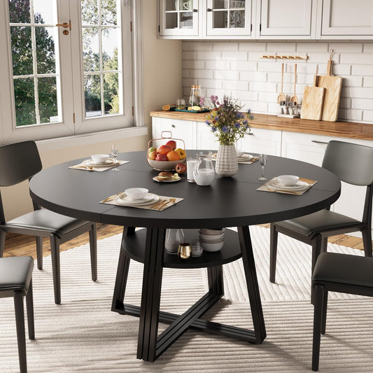 GarveeHome Round Dining Table for 4-6, 47.2" Farmhouse Kitchen Table with Storage, Circle Dinner Tables for Kitchen, Dining Room, Living Room, Meeting Room, Apartment, Black