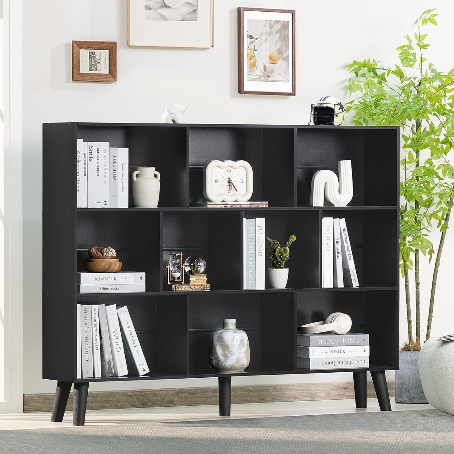 YAHARBO 10 Cube Large Bookshelf,3 Tier Bookcase with Legs,Black Mid-Century Modern Bookshelves,Wide Free Standing Open Storage Organizer Shelf,Tall Wooden Book Case Furniture for Living Room,Office