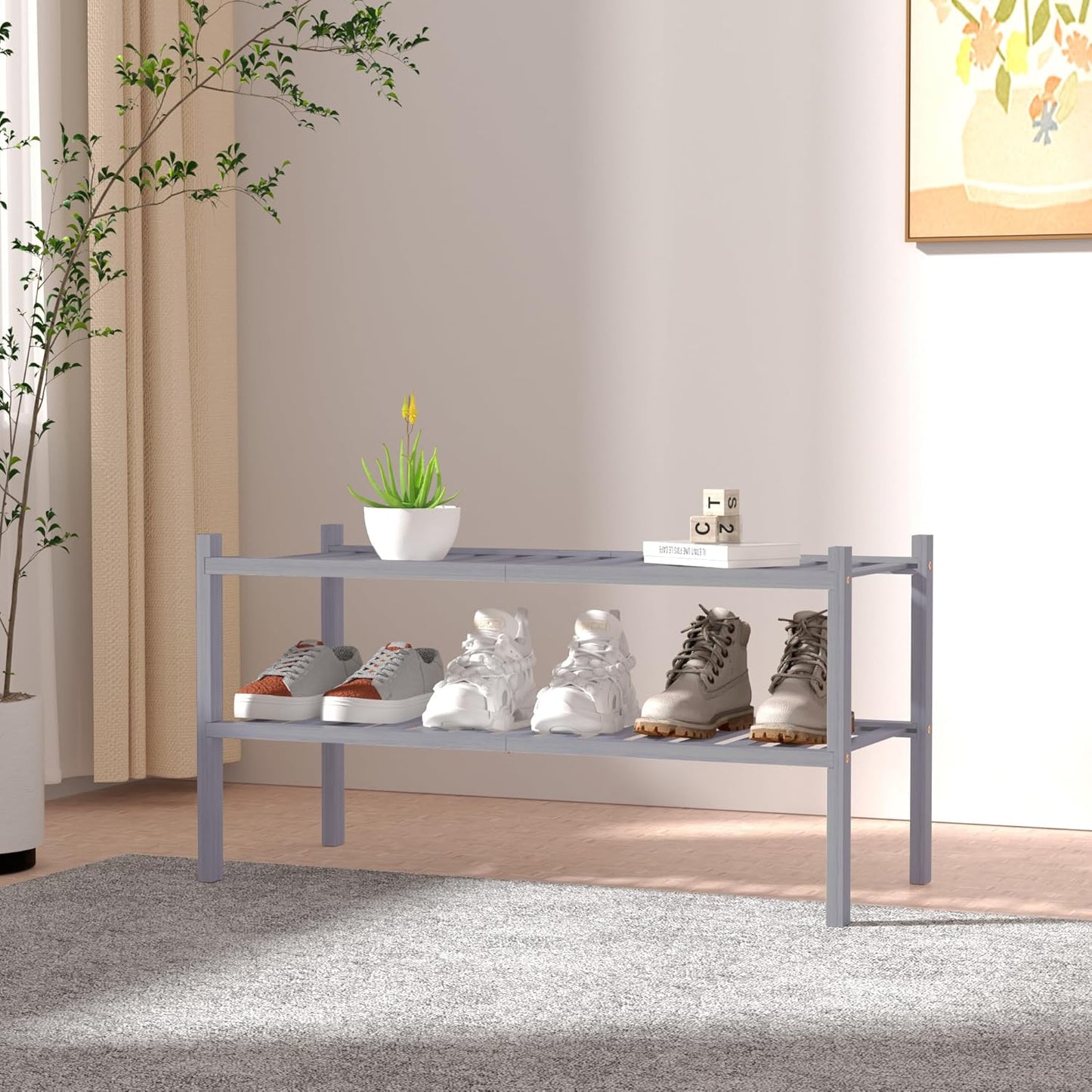 2 Tier Bamboo Shoe Rack for Closet Free Standing Wood Shoe Shelf for Entryway Small Space Stackable 27"x11"x13" (Grey)