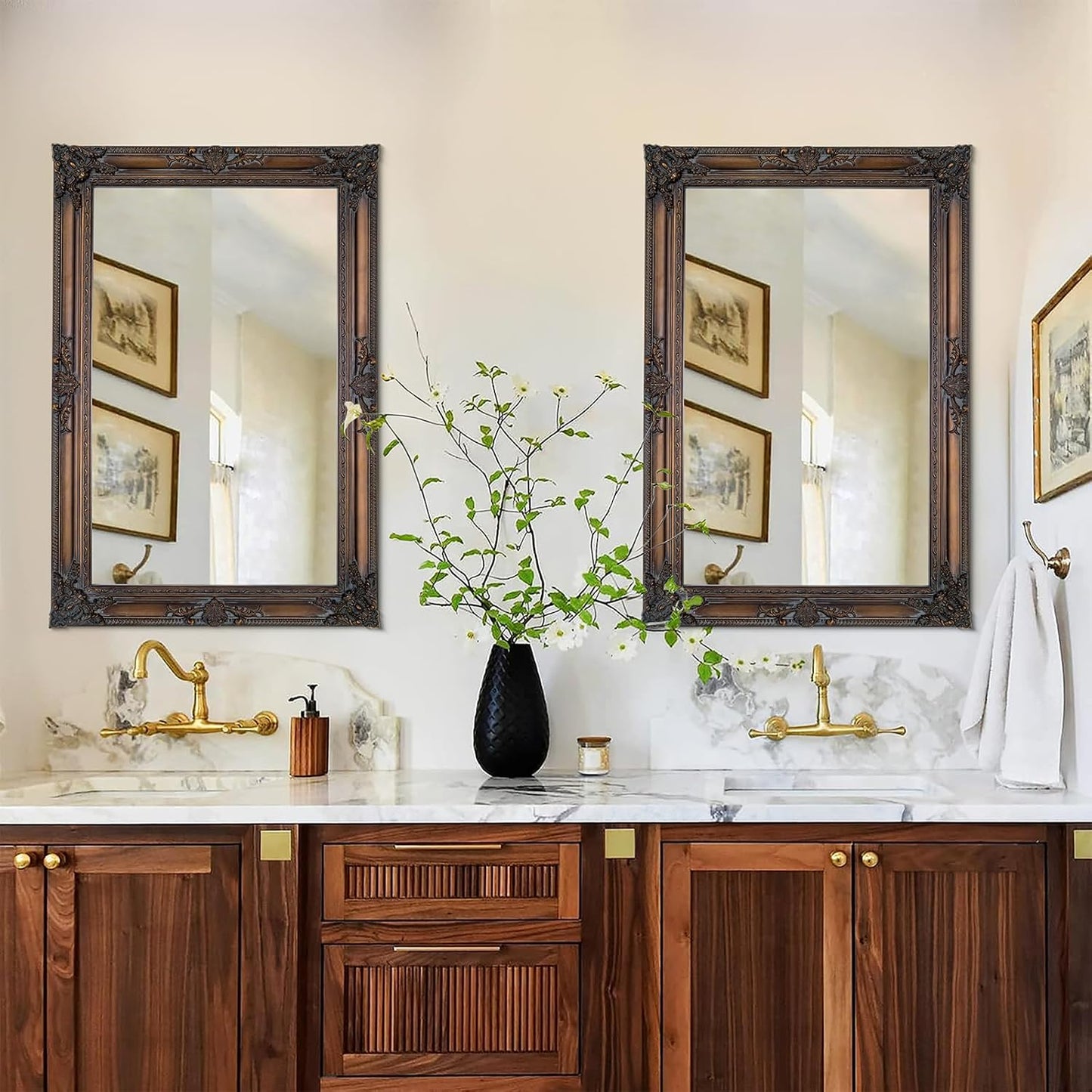 Antique Decorative Mirror, 37.4''x25.6''Vintage Mirror with Ornate Bronze Wood Frame, Decorative Wall Mirrors for Entryway, Living Room, Bathroom