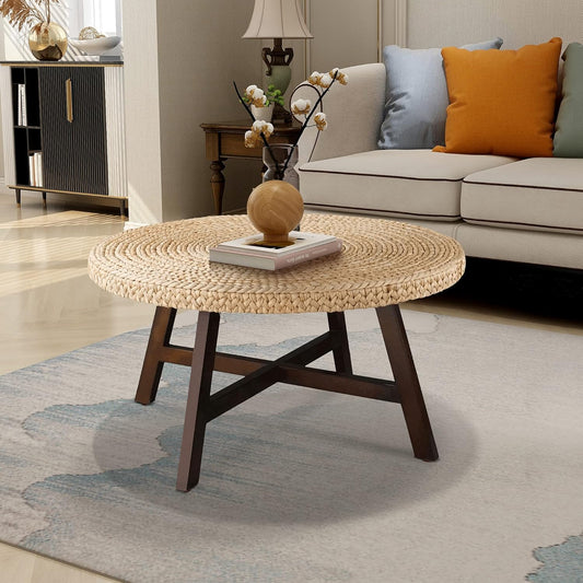 RANDEFURN Coffee Table Round, Seagrass Coffee Tables,Pine Wood X Base Frame Cocktail Table, Easy Assembled, Multiple Sizes for Living Room, Solid Wood Table,32 x 17 Inches,Natural