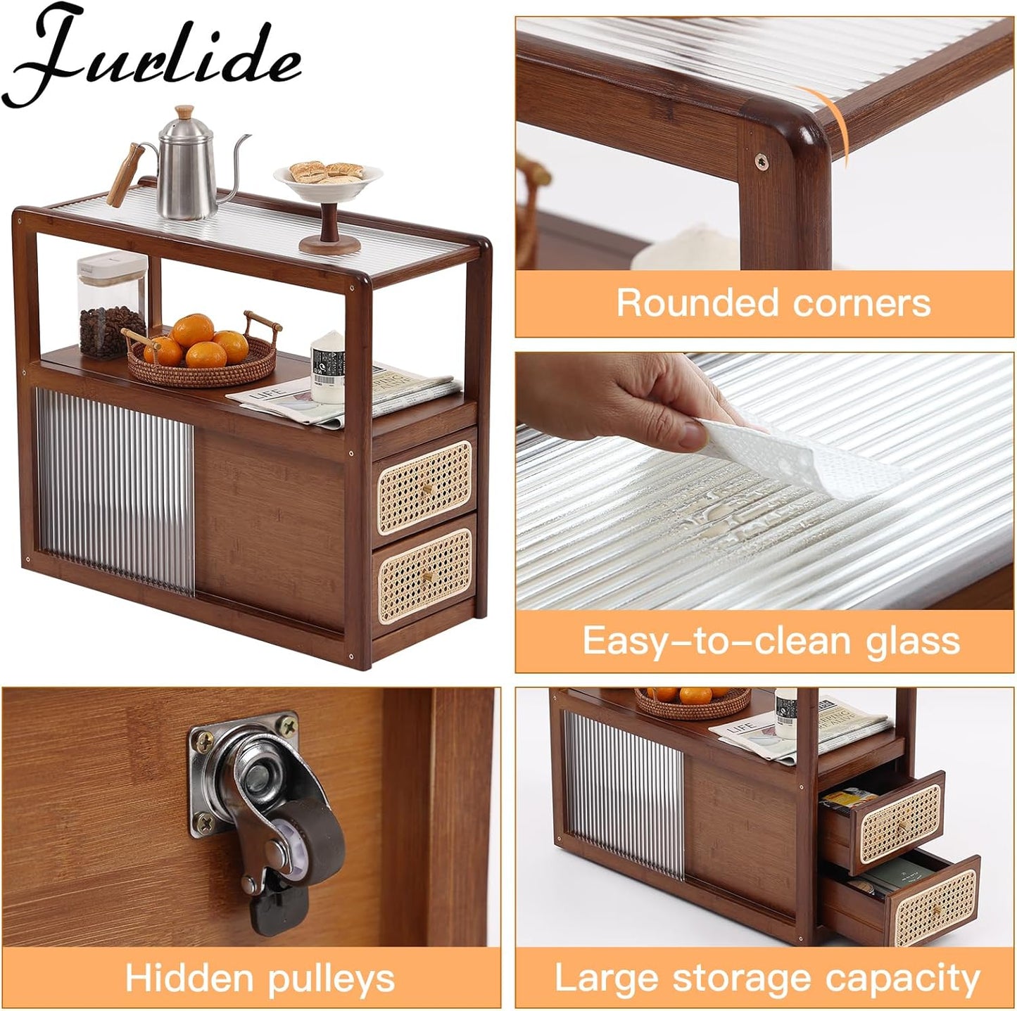 Rattan Nightstand Side Table with Storage, Bamboo Nightstand Bedside Table, Glass Mid Century Modern End Tables for Small Spaces, Living Room, Bedroom，Walnut