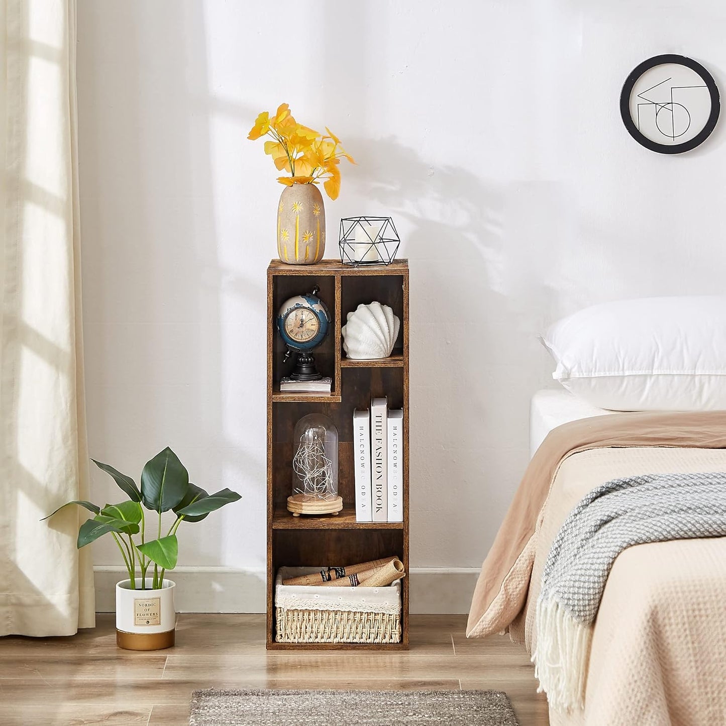 VECELO 3-Tier Small Bookcase, 4 Cube Bookshelf with Height Difference Shelves for Most Books, Modern Floor Standing Unit, Each Shelf Hold Up to 66 LBS for Living Room Bedroom, Rustic Brown
