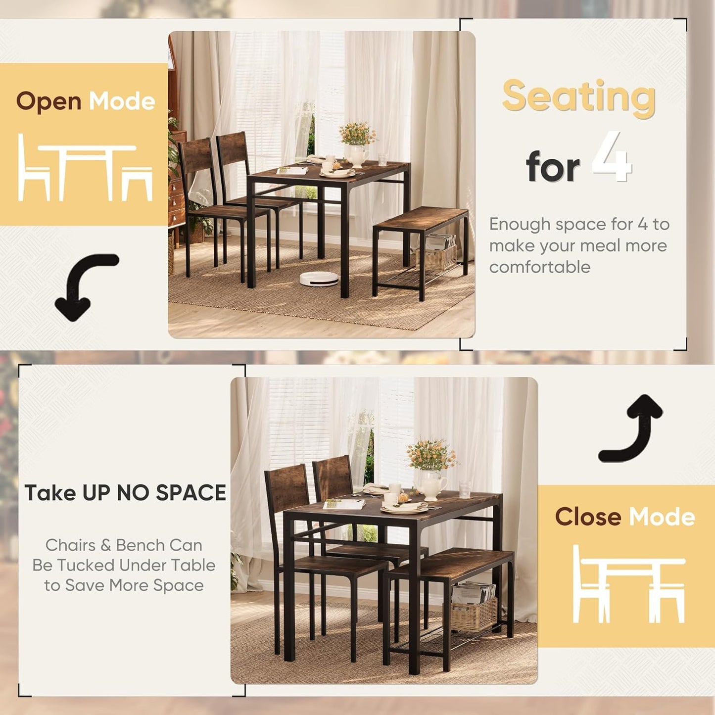Shahoo Kitchen Table and 2 Chairs for 4 with Bench, 4 Piece Dining Sets for Small Space, Rust Brown