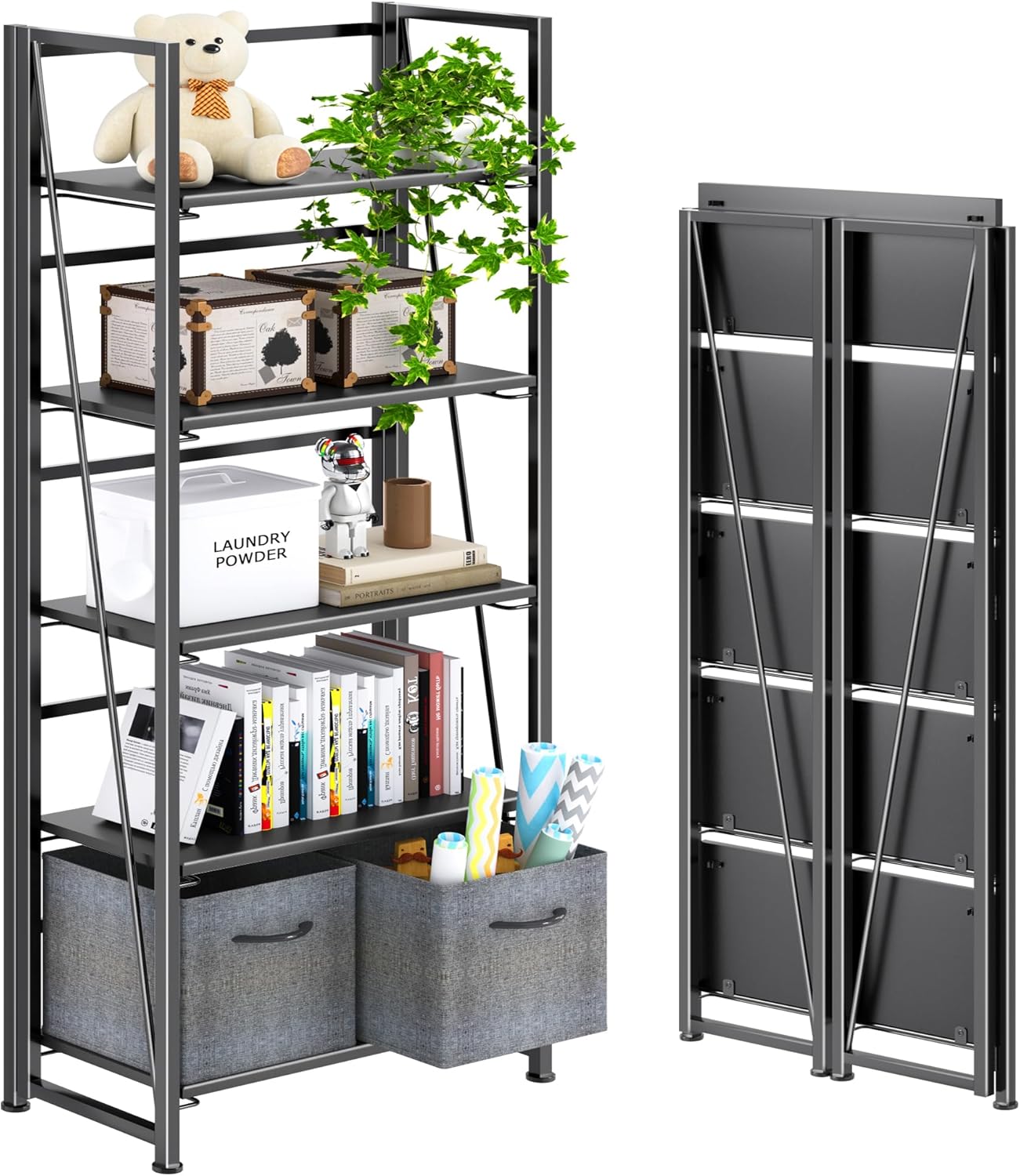 4NM No Assembly Folding Bookshelf, 5-Shelf 62.2" H Collapsible Foldable Bookcase Storage for Small Spaces, All Black